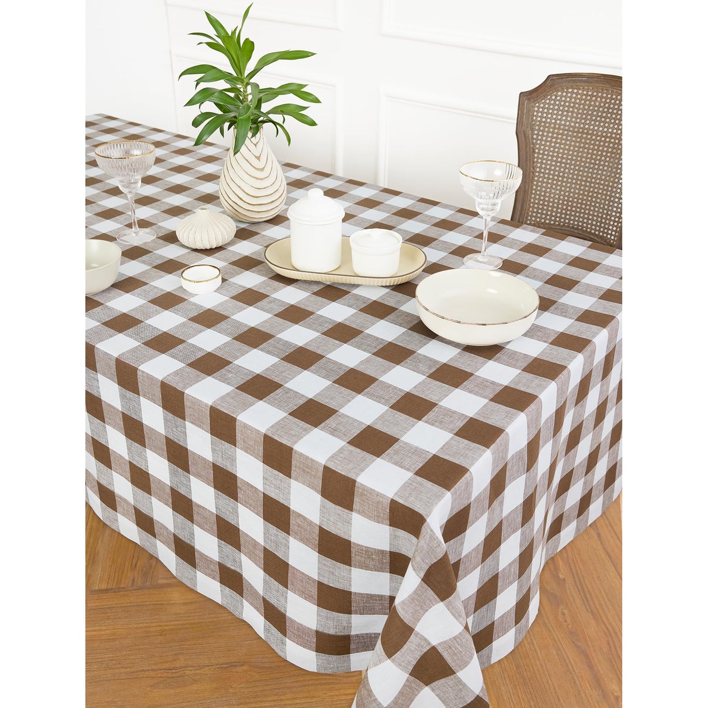 Solino Home 100% Pure Linen Rectangular Tablecloth Pink Check, 60 x 120 in | Buffalo Check Linen Table Cloth for dining and entertaining | buffalo checkered weave | Marshmellow Pink | OEKO-TEX Certified BST326SOLH