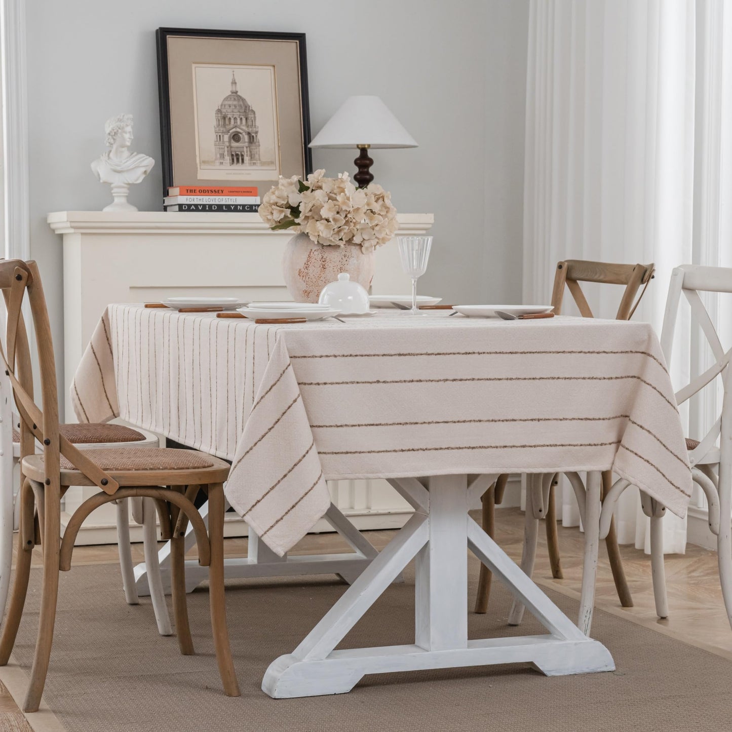 Caflife White Square Tablecloth 55x55 Inch, Cotton Linen Polyester Blend Stripes Table Cloth, Farmhouse Boho Decorative Table Cover for Dining Room Party Buffet Home Kitchen Table Decor BST202