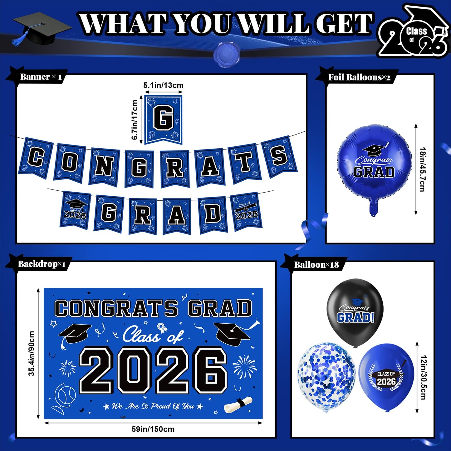 Graduation Decorations 2026-Black and Gold Graduation Party Decorations Supplies Class of 2026 with Graduation Banner, Backdrop, Balloons, Centerpieces, Hanging Swirl for Grad Party BST326H