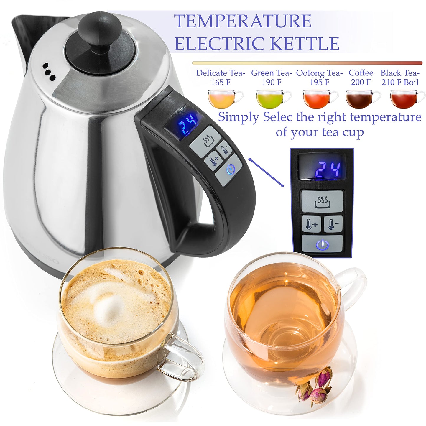 Mixpresso Electric Kettle Temperature Control, Hot Water Kettle Electric, Cordless 1 Liter Capacity, Keep Warm & LED Indicator, Auto-Shutoff, Boil-Dry Protection, Stainless Steel Electric Kettle BST220