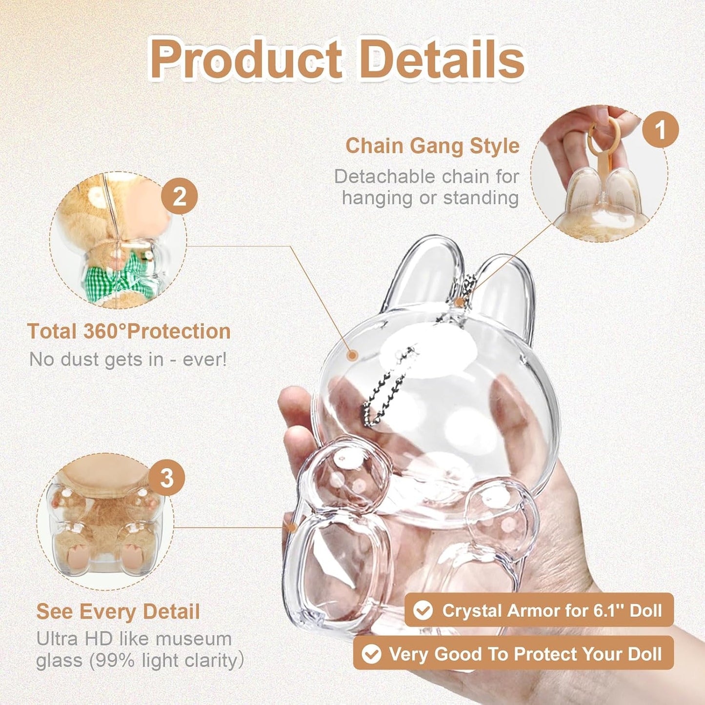 Protective Case for Seated/Sitting Collectibles 5.9 inch - Crystal Clear Hard Acrylic Display Box with Detachable Chain, Dustproof Cover for Doll Storage, Travel & Shelf Showcase (Figure Not Included) WN420