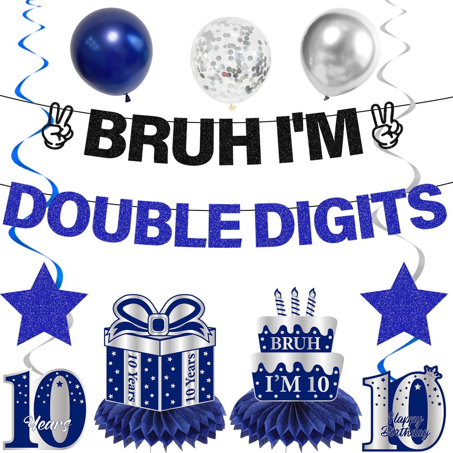 10th Birthday Decorations Banner Boys - 11 Pcs Silver Black Bruh I'M Double Digits Banners Hanging Swirls Honeycomb Table Decoration Latex Balloons For Boy 10 Year Old Bday Party Supplies BST220