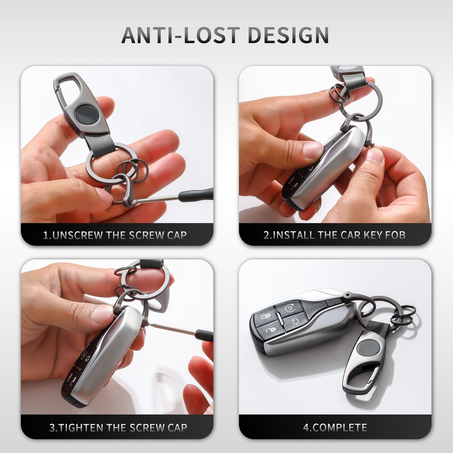 Gkeygo Carabiner Keychain, Key Chains for Car Key with 2 Key Rings and Anti-Lost D-Ring, Multifunctional Keychains for Men and Women – Grey(Grey Leather) WN420