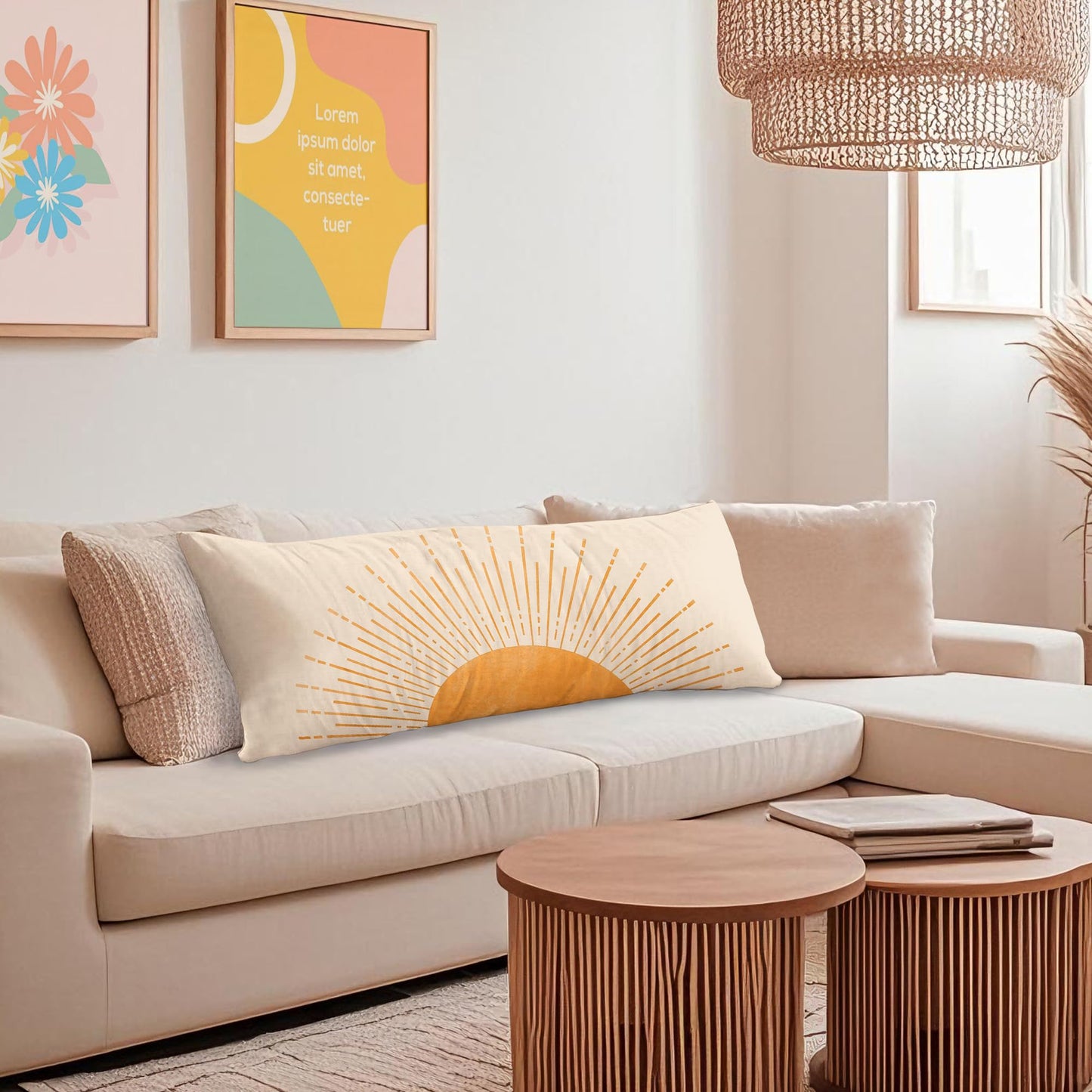 Boho Sun Sunshine 21x54 Body Pillow Cover Case, Modern Neutral Boho Horizontal Sun Sunset Sunrise Decorative Long Hug Pillow Cases for Bed Couch BST220