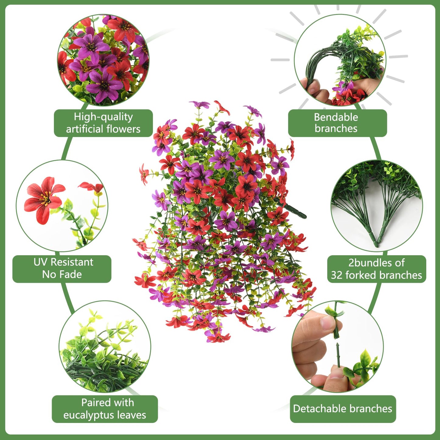 Artificial Flowers for Outdoor Faux Flowers for Plant Pot Spring Decoration | 2 Pcs Faux Hanging Plants UV Resistant Look Real Outside Home Garden Porch Patio Entrance Courtyard Decor BST326H