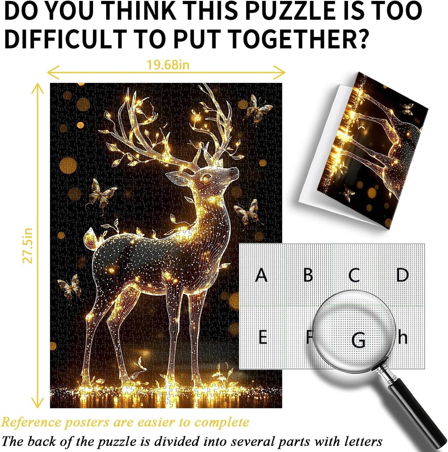 Deer Puzzles for Adults 1000 Pieces, Larkipuzz Impossible Butterfly Jigsaw Puzzle Crystal Art, Difficult Unique Sparkling Animal Theme as Home Decor WN420