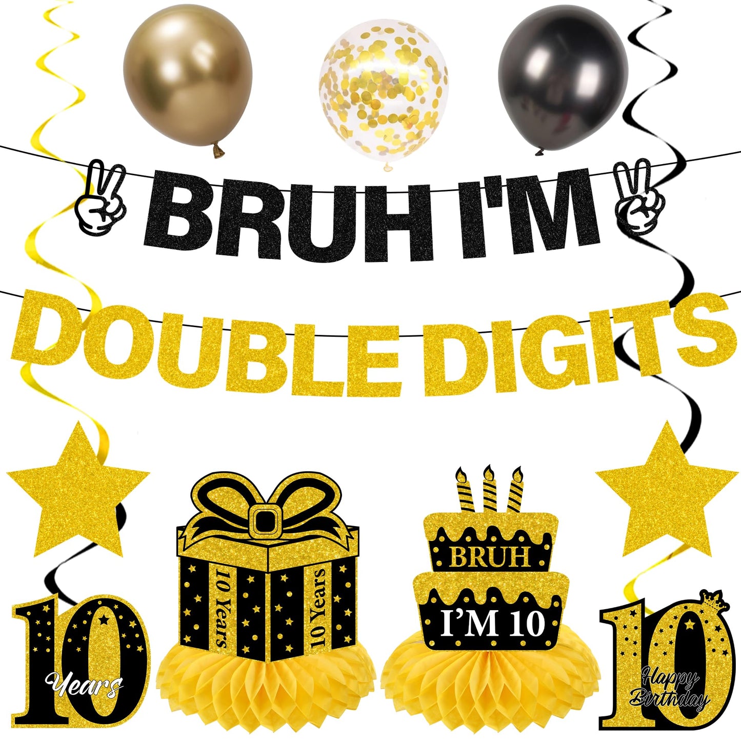 10th Birthday Decorations Banner Boys - 11 Pcs Silver Black Bruh I'M Double Digits Banners Hanging Swirls Honeycomb Table Decoration Latex Balloons For Boy 10 Year Old Bday Party Supplies BST220