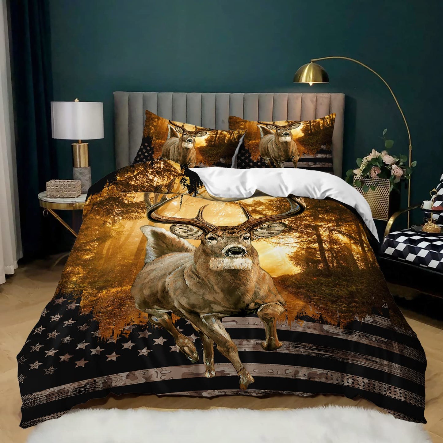 CVHOUSE Deer Hunting Duvet Cover Full Size,American Flag Bedding Set,Deer Theme Comforter for Boys Kids Teens,1 2 Pillowcases 3 Piece Full 79'x89' BST220