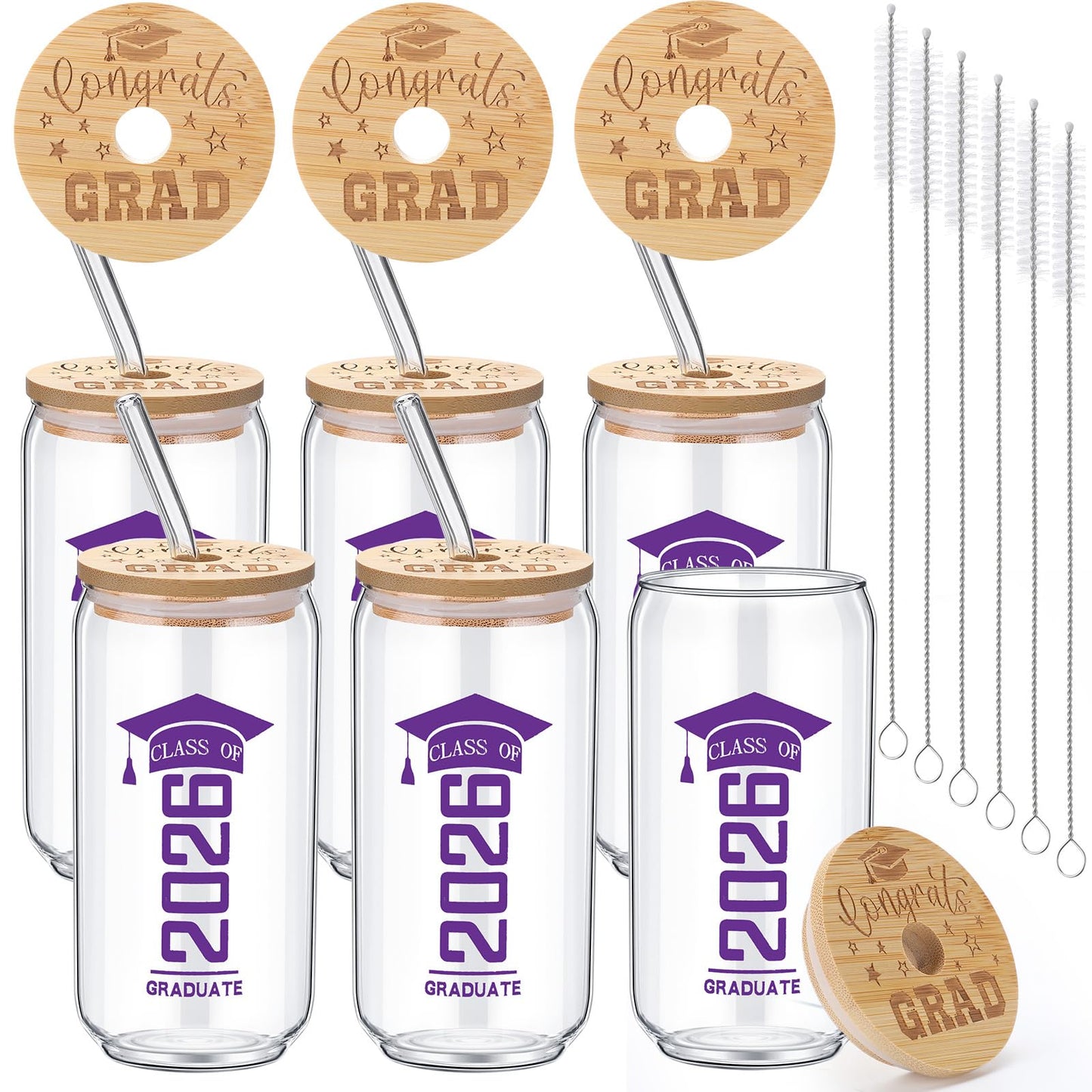 6 Pcs Red and Blue Class of 2026 Graduation Gifts Graduation Glass Cup with Lids Straw 16oz Congrats Grad Coffee Mugs for Her Him Men Women Middle & High School College Tumbler Party Favor BST326H