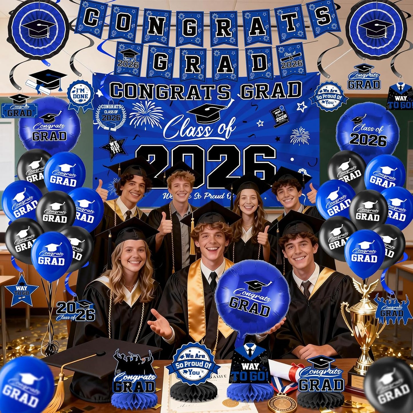 Graduation Decorations 2026-Blue and Black Graduation Party Decorations Supplies Class of 2026 with Graduation Banner, Backdrop, Balloons, Centerpieces, Hanging Swirl for Grad Party BST326H