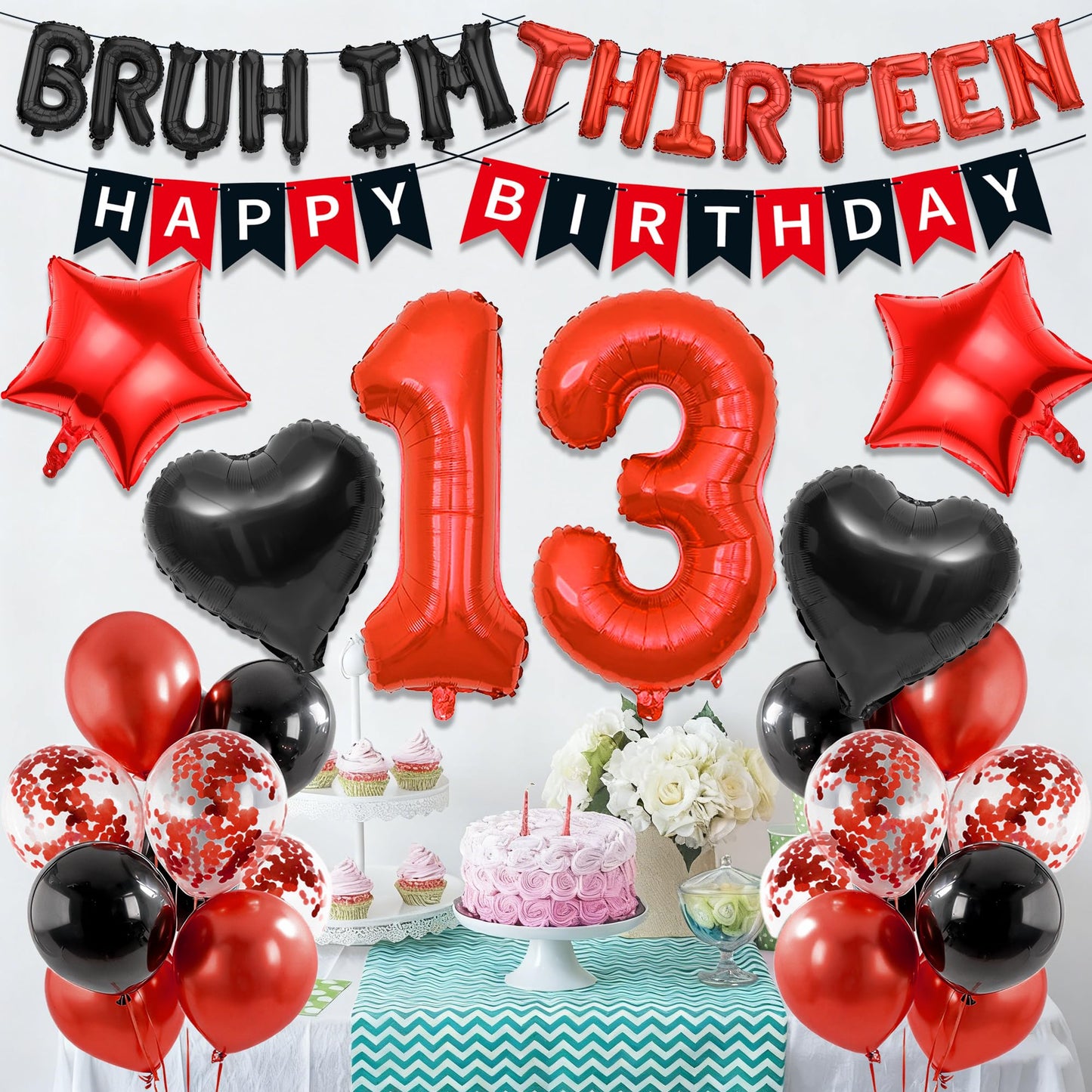 9th Birthday Decorations Boys Kit - 27 Pcs Red and Black Bruh Im Nine Balloon Banners Happy Birthday Fishtail Flags Number 9 Balloon Star Heart Balloons Set for 9 Year Old Party Decoration Supplies BST202