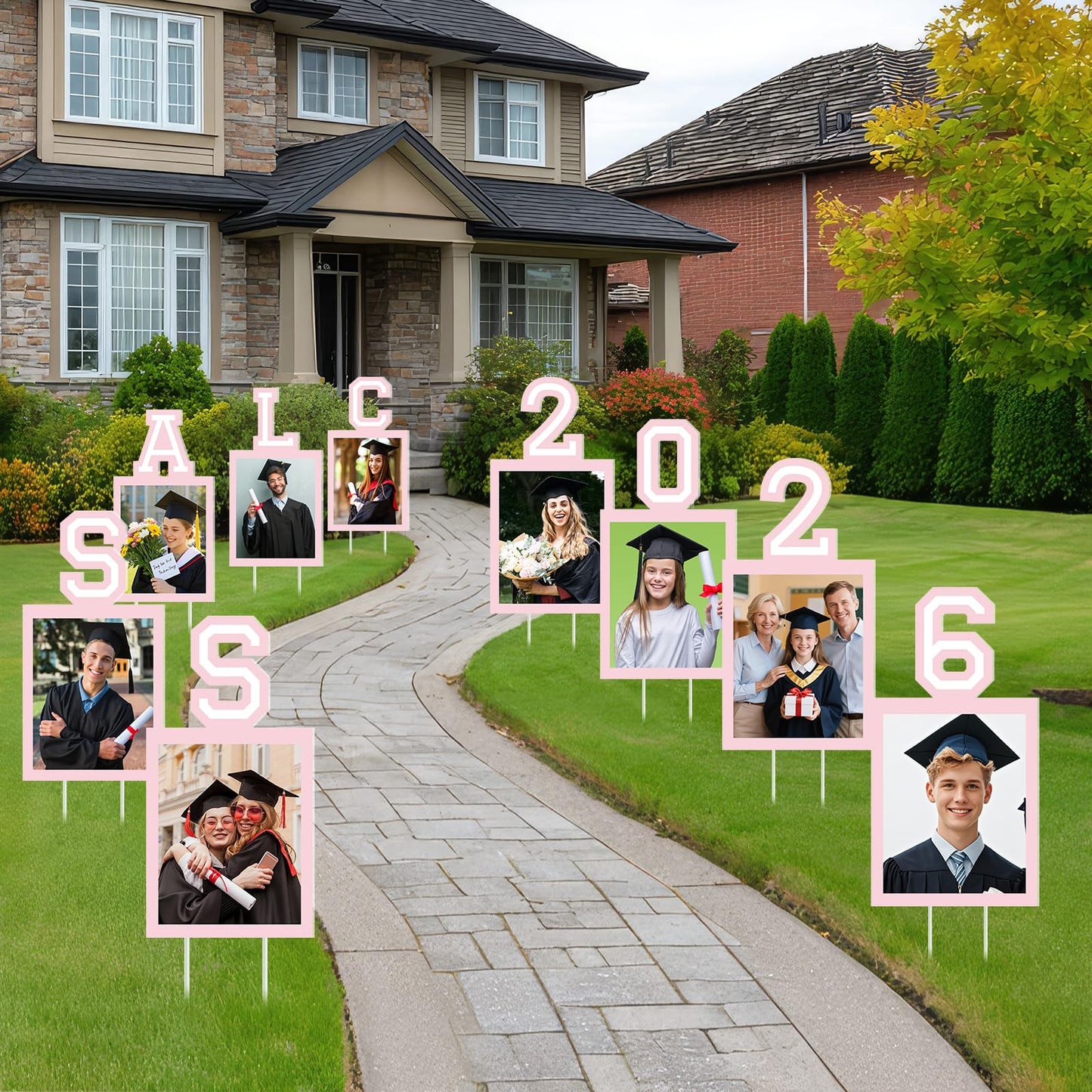 12 Pcs Graduation Photo Yard Sign Decorations 2026, K-12 Grade Graduation School Picture Frame Lawn Sign with Stakes for Kindergarten Middle High School Class of 2026 Grad Party Decorations, Red WN420