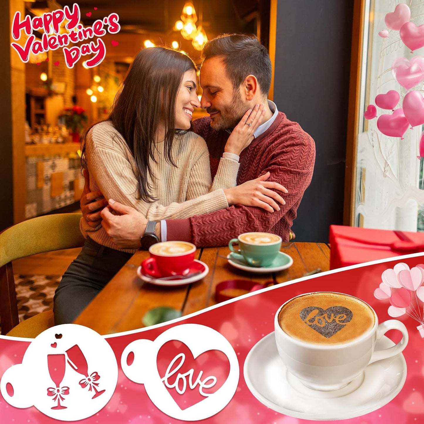Konsait 20 Pack Valentine's Day Cake Stencils Reusable Coffee Cookie Decorating Stencils Mold Tools for Hot Cocoa,Dessert,Mousse and Cappuccino BST326L