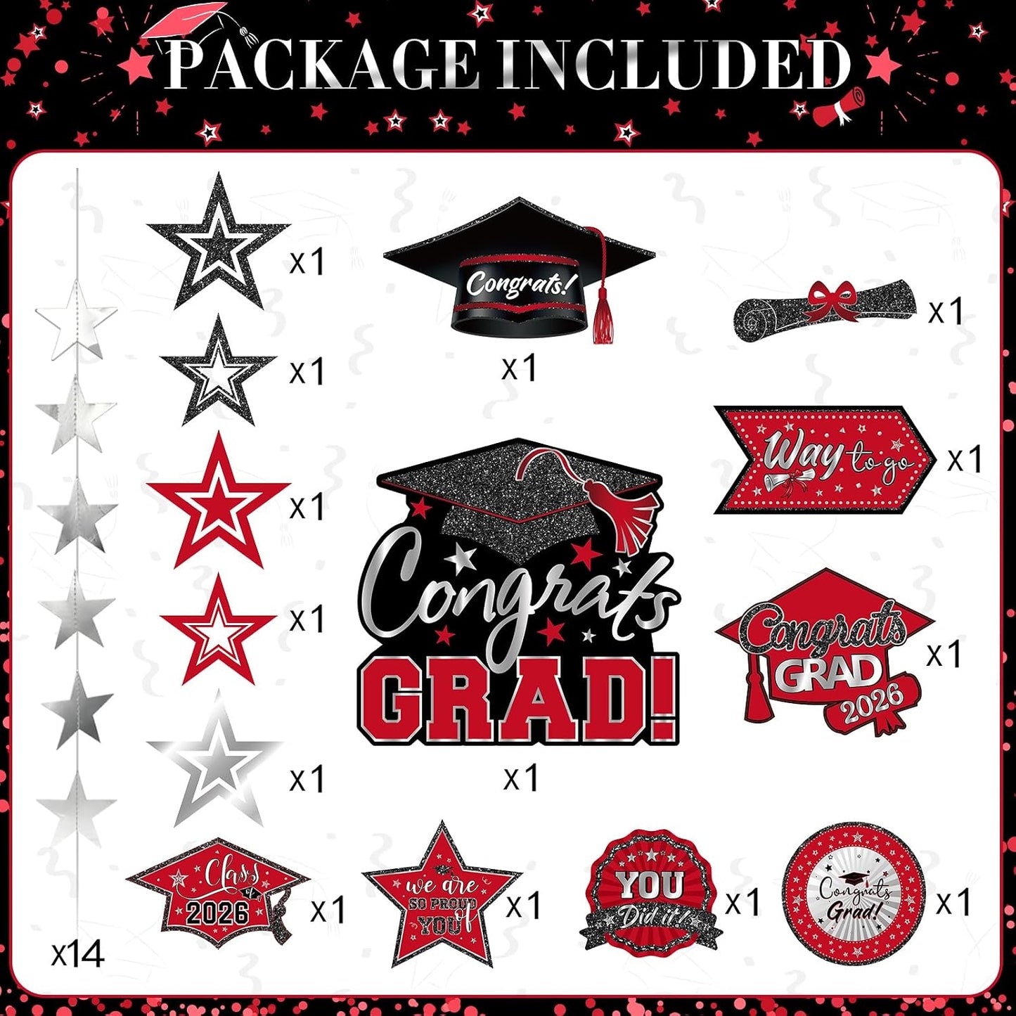 Yisong 14 Pcs Graduation Garland Class of 2026 Graduate Decoration Diploma Hat Star Congrats Garland Banner Congrats Grad Streamers Backdrop for Graduation Party Supplies College Grad Decor(Red) BST202