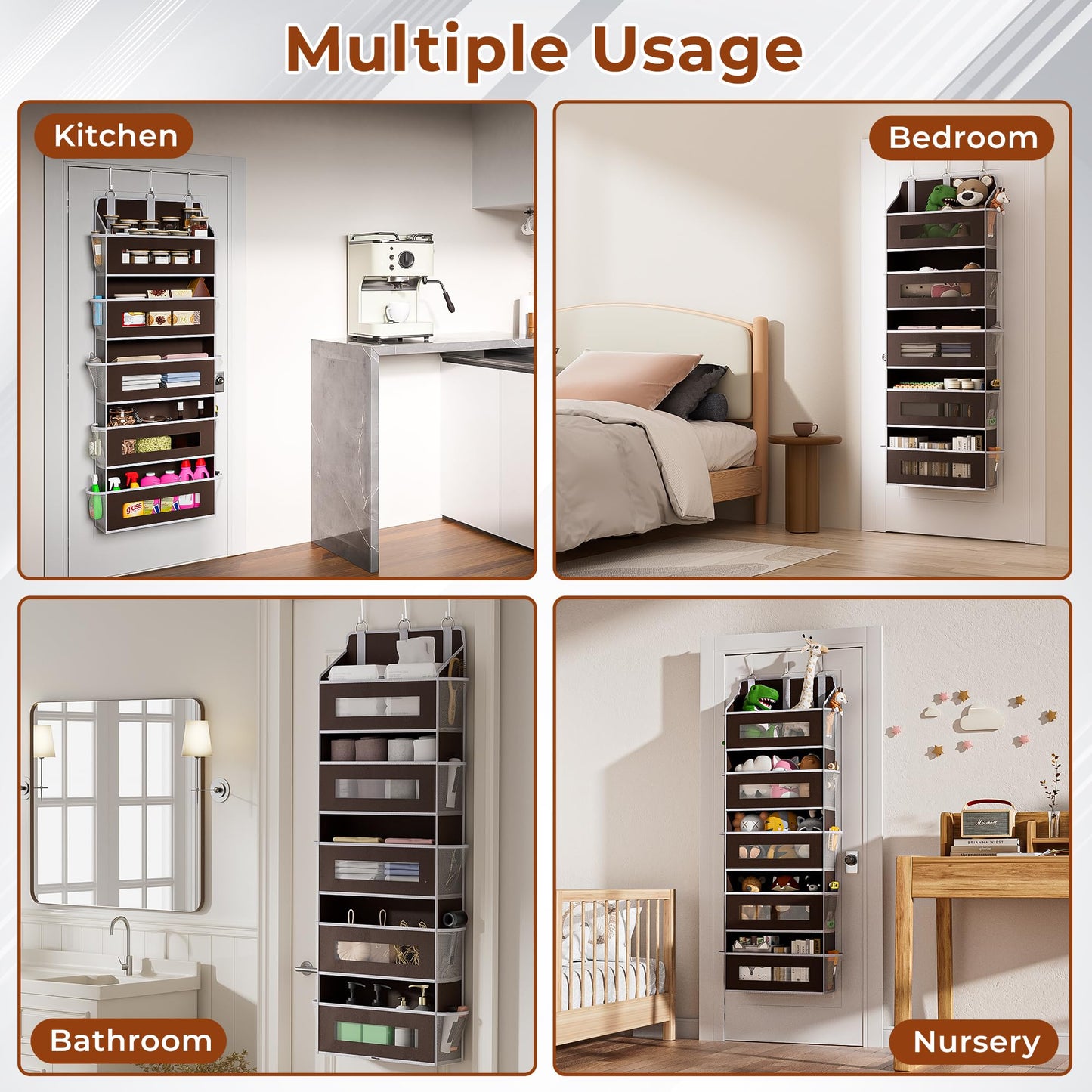 5 Tier Over The Door Organizer - Large Capacity Behind Door Hanging Shelves with 10 Mesh Pockets and Clear Windows, Closet Organizers and Storage for Bathroom, Bedroom, Nursery, Grey BST326H