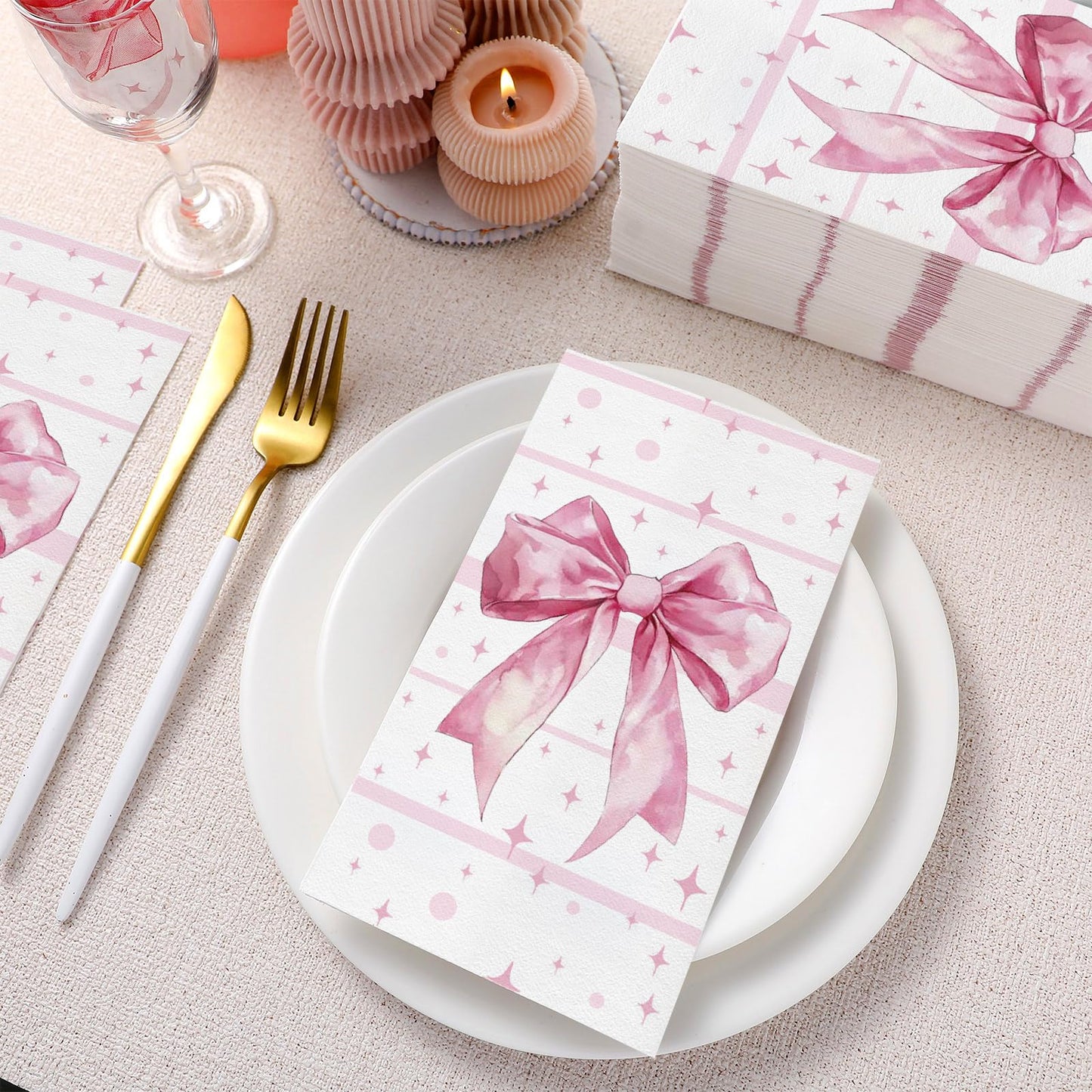 200 Pcs Pink Bow Napkins 3 Ply Coquette Bow Disposable Napkins Valentine's Day Paper Hand Towels Party Gifts Bulk for Bridal Shower Bachelorette Tea Party Birthday Decor(Classic Style) BST202