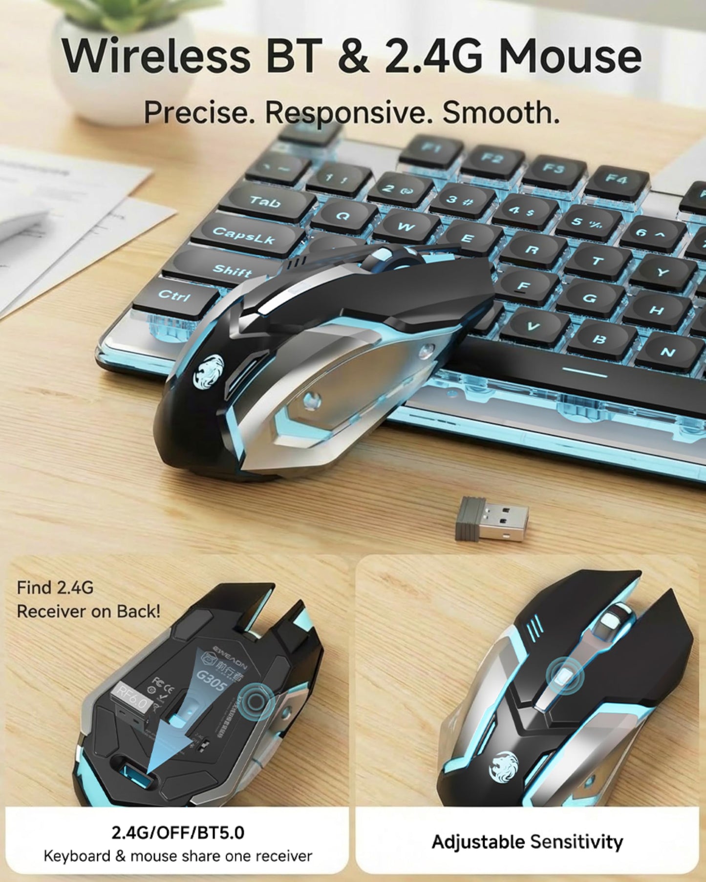 V3 Wireless Keyboard and Mouse with Single Backlit, Metal Panel, Bluetooth/2.4G Rechargeable Computer Keyboard and Mouse Combo Silent Lighted Full Size Cute Keyboards-White