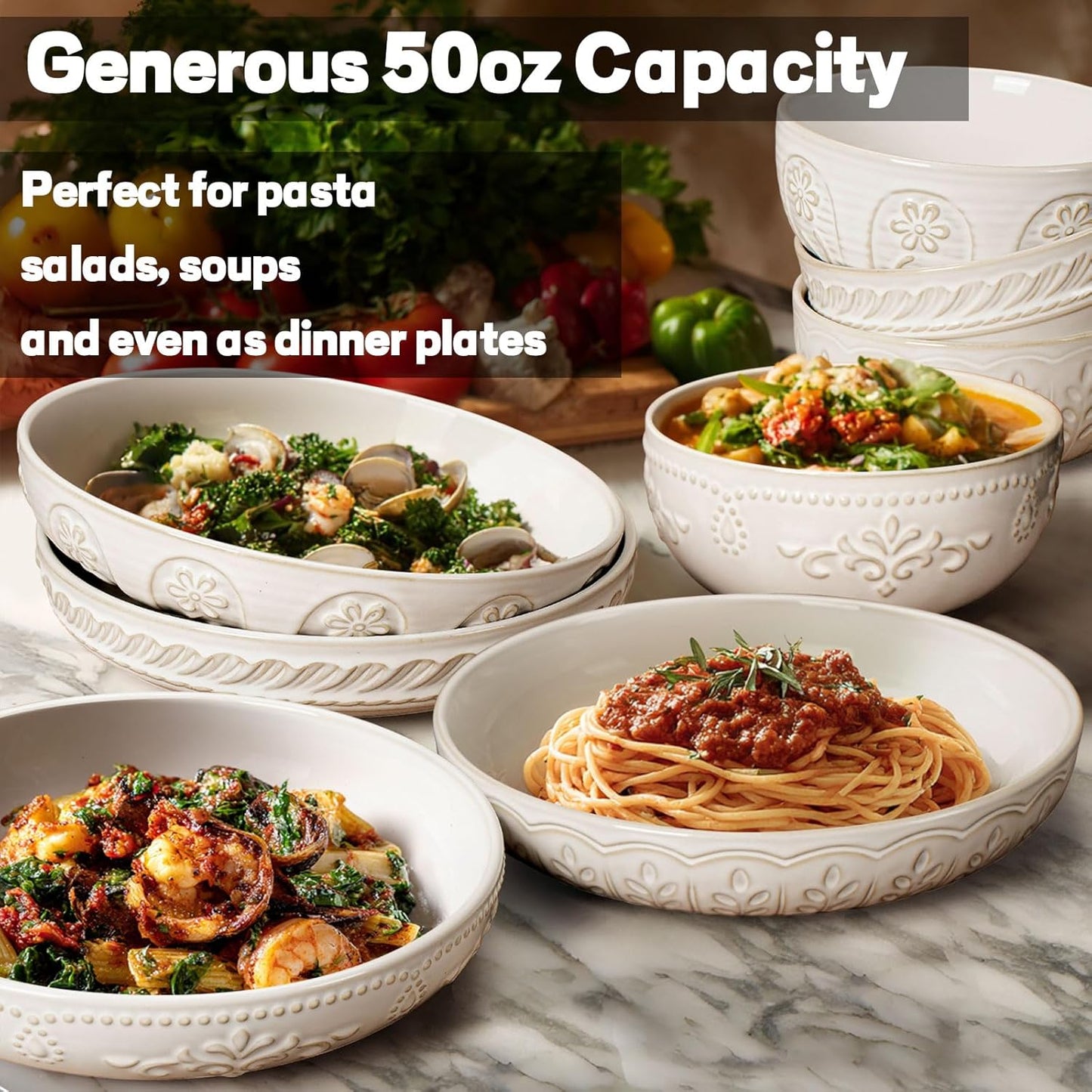 Artena Pasta Bowls, 50oz Large Salad Serving Bowls, 9.75'' Plates Bowls Set of 4, Big White Ceramic Soup Bowls for Kitchen, Embossment Shallow Dinner Bowl, Microwave Dishwasher Safe, Willow Leaf BST326H