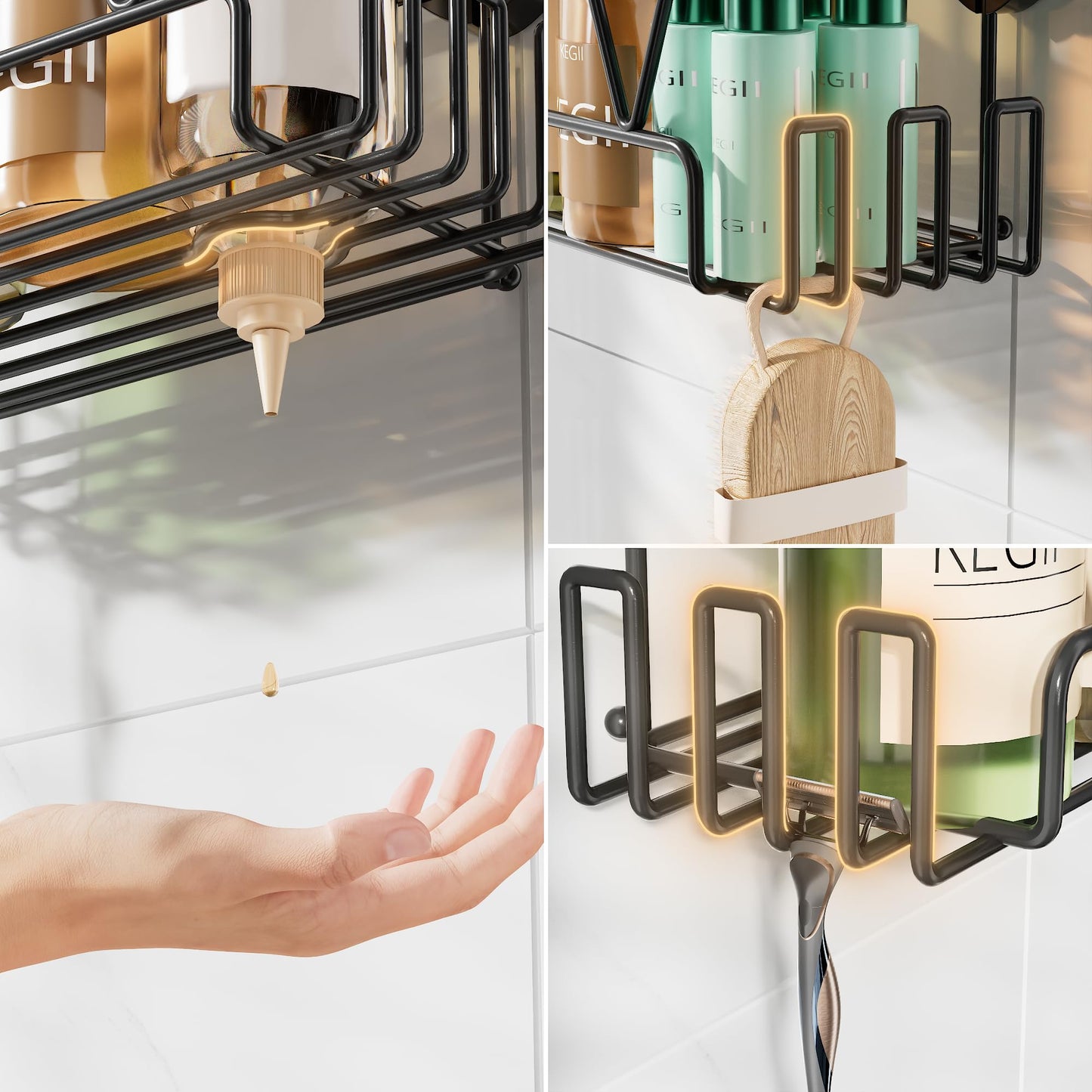 KEGII Shower Caddy Suction Cup with 6 Hooks, Stainless Steel Bathroom Organizer N29