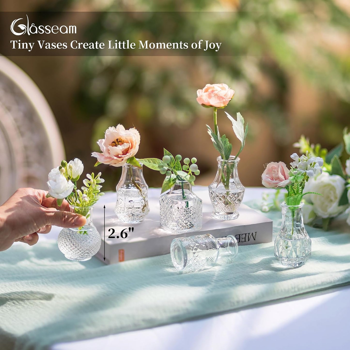 Glasseam Mini Bud Vases for Centerpieces: 20Pcs Clear Glass Vases in Bulk | For Single Flowers, Small Stems, Tiny 2.7", Embossed Thick Glass, Wedding, Party, Baby Shower, Dining Room Table Decoration BST326H