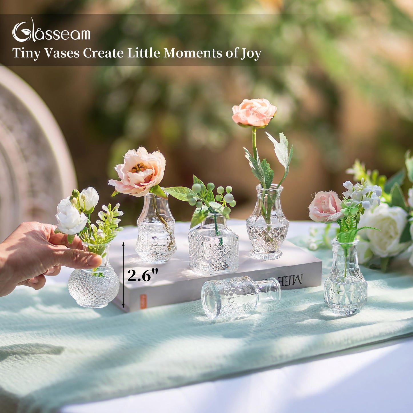 Glasseam Mini Bud Vases for Centerpieces: 20Pcs Clear Glass Vases in Bulk | For Single Flowers, Small Stems, Tiny 2.7", Embossed Thick Glass, Wedding, Party, Baby Shower, Dining Room Table Decoration BST326H
