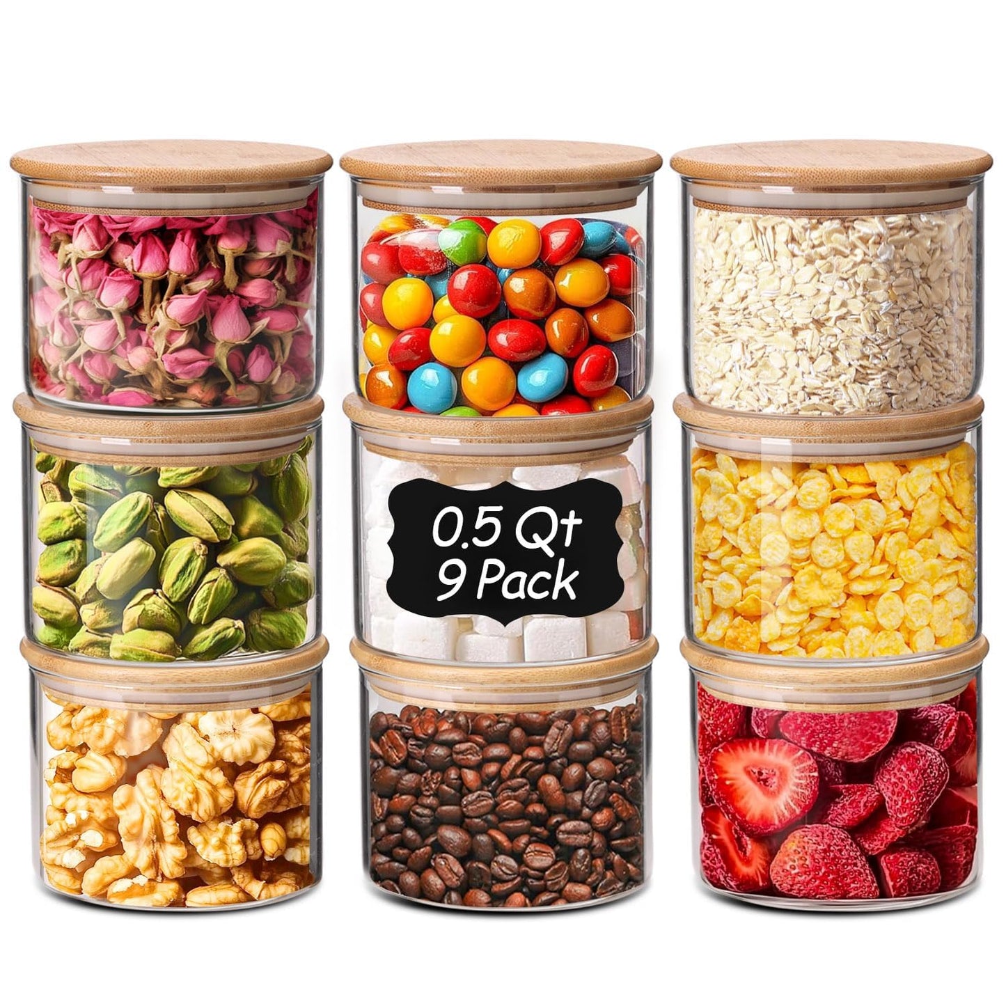 ComSaf Glass Storage Containers With Lids 0.5 Qt, 6 Pack Small Glass Jars | Small Glass Containers, Spice Jar 15oz, Candy, Family Snack Storage, Coffee Bar Organization, Size For Subpackage, BPA Free BST220