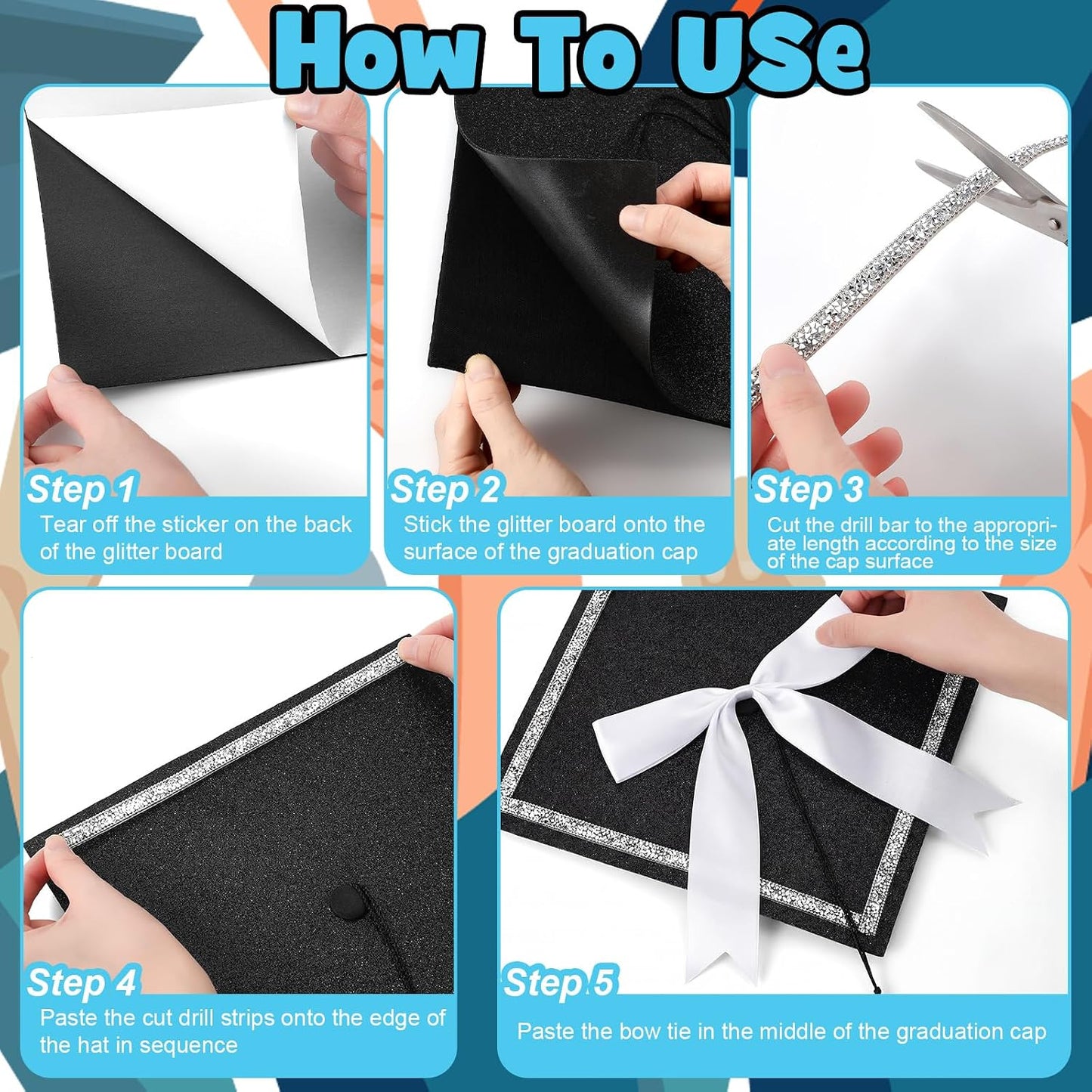 Dunzoom Black DIY Graduation Cap Decorations Kit Rhinestone Grad Cap Topper with Tassel White Bow Glitter Graduation Hat for Class of 2026 Graduate Ceremony Adult Grad Party Gift Art Craft WN420