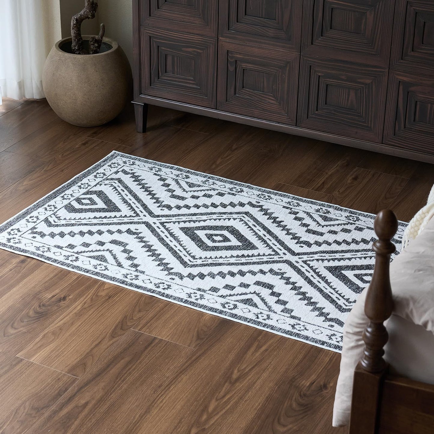 Moroccan Washable Area Rug 3x5, Geometric Tribal Decorative Woven Rug, Non-Slip Boho Farmhouse Soft Low-Pile Area Rug for Living Room Bedroom Nursery Dining Table, Dark Brown/White BST326H