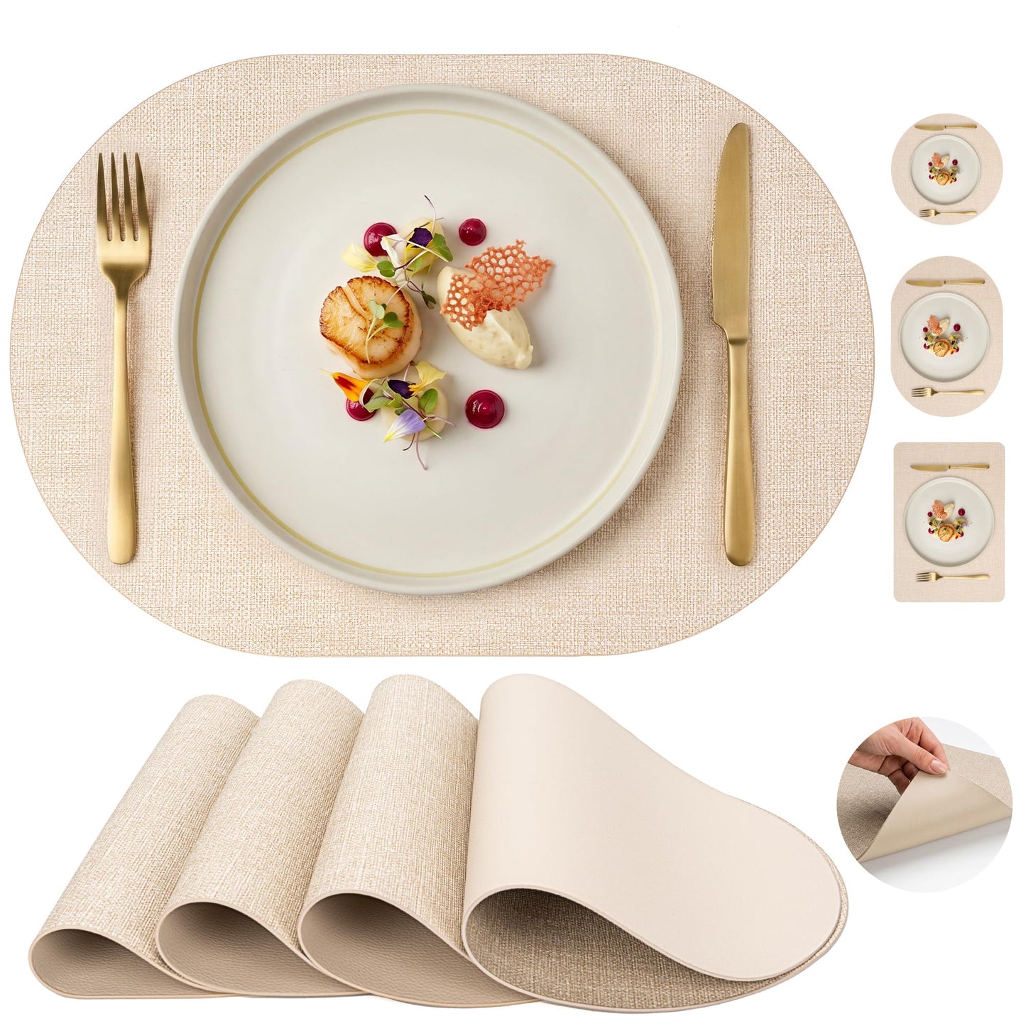 Faux Leather Placemats Set of 6, Wipeable Waterproof Stain Resistant Table Mats, Heat Resistant Thick Placemats with Hand-Painted Edges for Kitchen Dining, Imitative Linen Texture, Various Shapes BST326H
