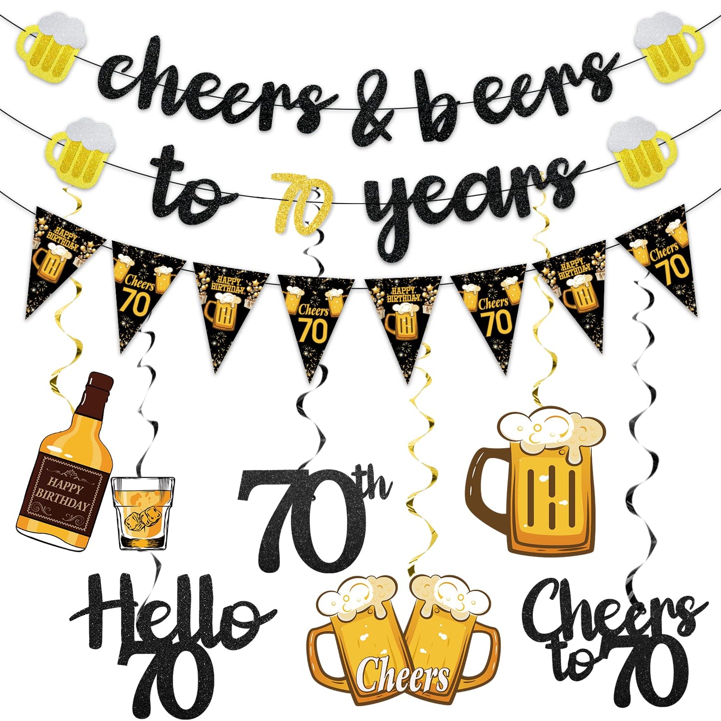 Black Gold 90th Birthday Decorations for Men Women, Glitter Pre-Strung Cheers to 90 Years Banner Hello 90 Hanging Swirls Paper Triangle Flag Banner Decorations Bday Party Supplies Kit WN420