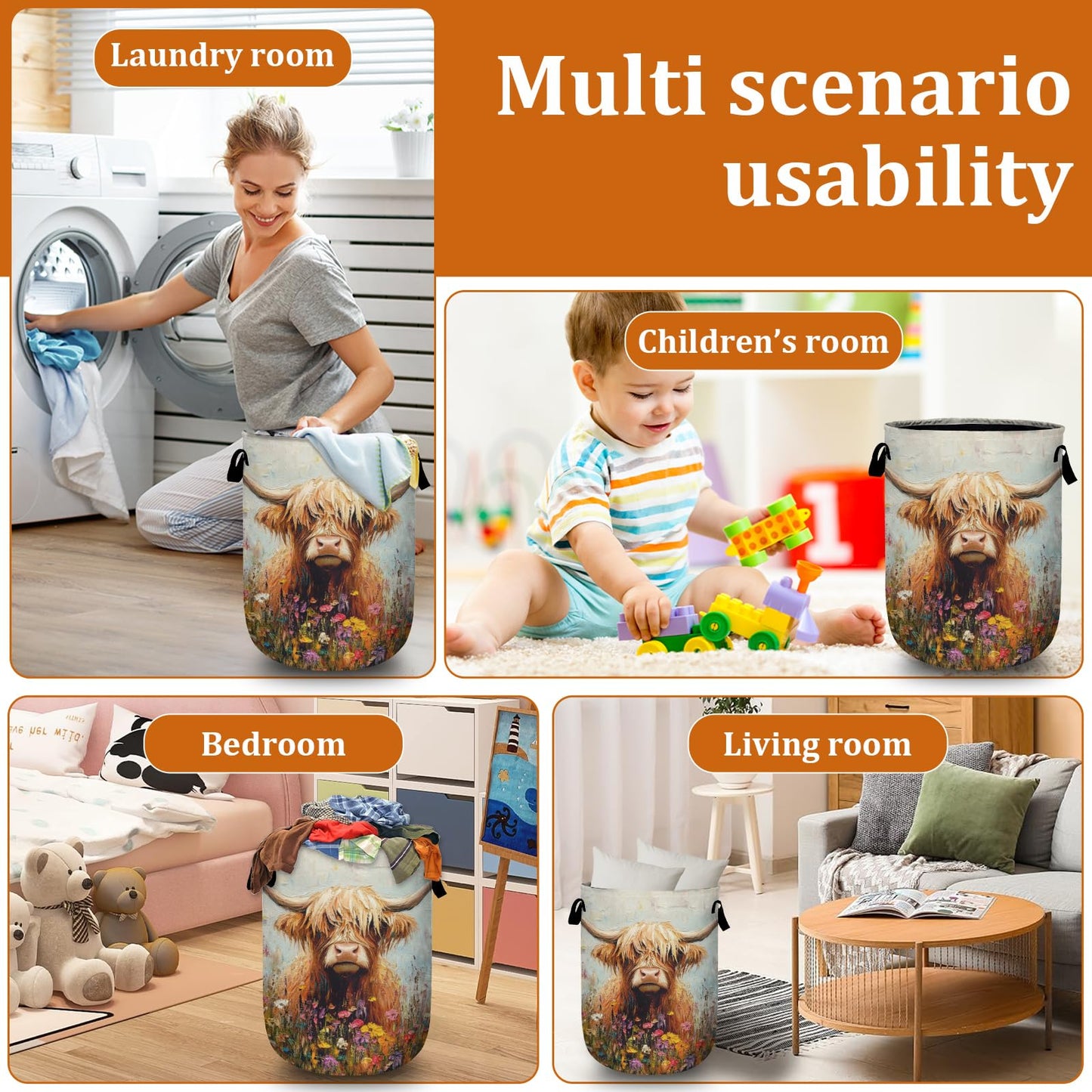 Nature Cow Print Laundry Basket with Sturdy Handles, Cow Skin Collapsible Oxford Cloth Laundry Hamper Organizer Basket for Bathroom Bedroom 15.7x20 Inch BST220