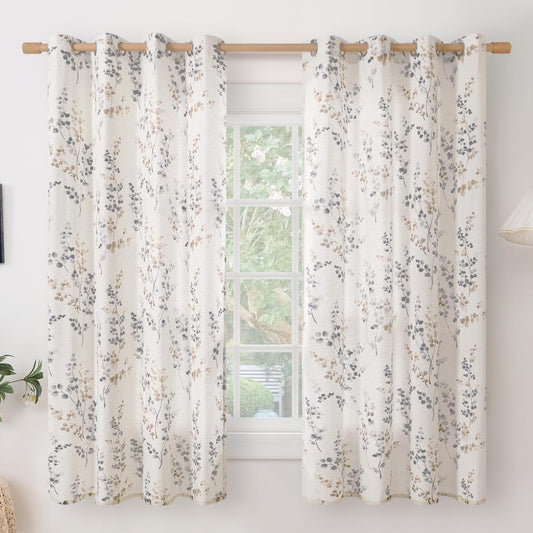 BGment Linen Curtains for Living Room 84 Inch Length 2 Panels Set Floral Leaf Patterns, Light Filtering Privacy Window Curtains for Bedroom Boho Farmhouse Vintage, Each 42 Inch Wide, Yellow BST220