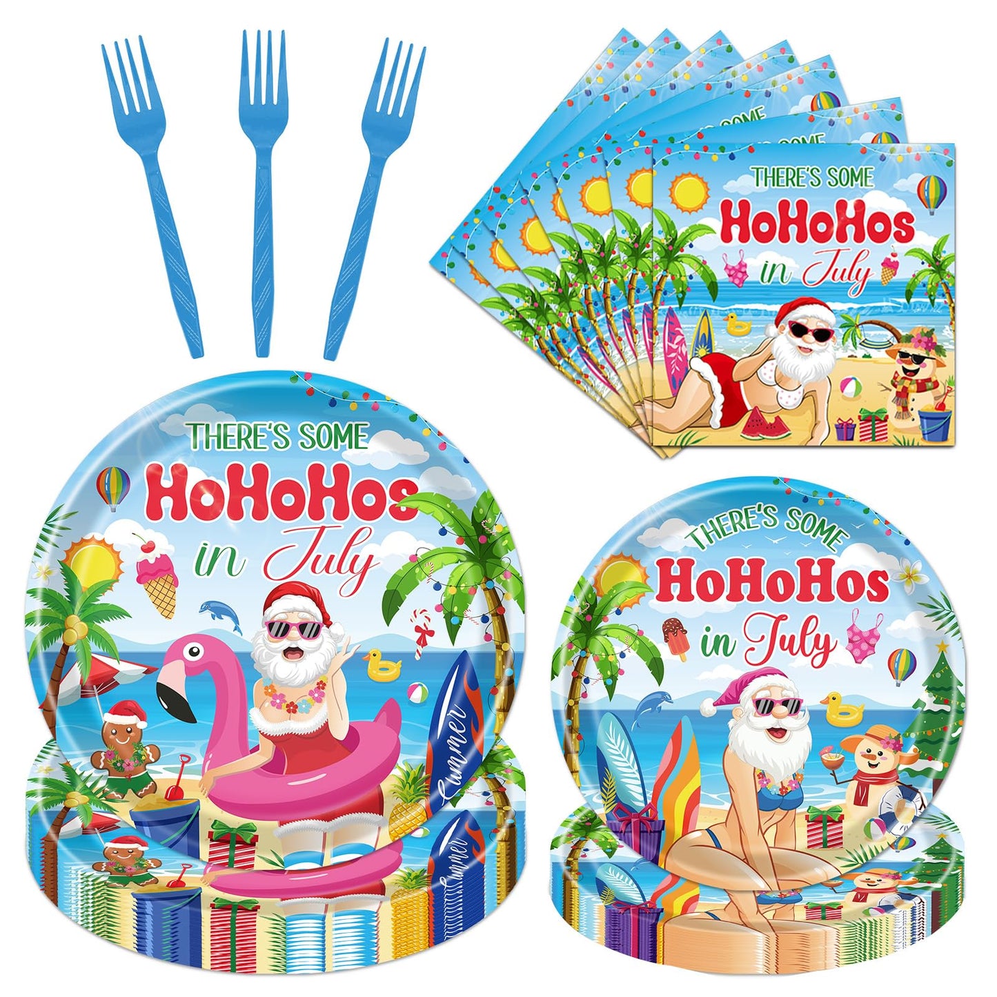 Gameza July Christmas Party Decorations Tableware, 96PCS There's Some Hohoho's in July Disposable Paper Plates and Napkins Decoration, Summer Xmas Beach Forks Decor Supplies Serves 24 BST220