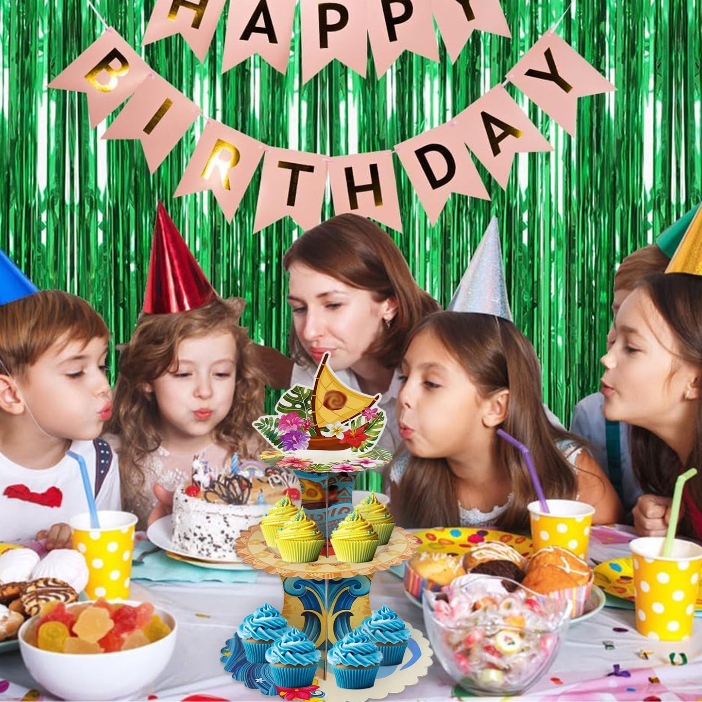 Tropical Hawaiian Birthday Cupcake Stands, Cartoon Movie Theme 3 Tier Paper Cupcake Rack Tropical Flower Party Decorations for Baby Shower Boys Girls Birthday Party Supplies (Fantasy Style) BST220