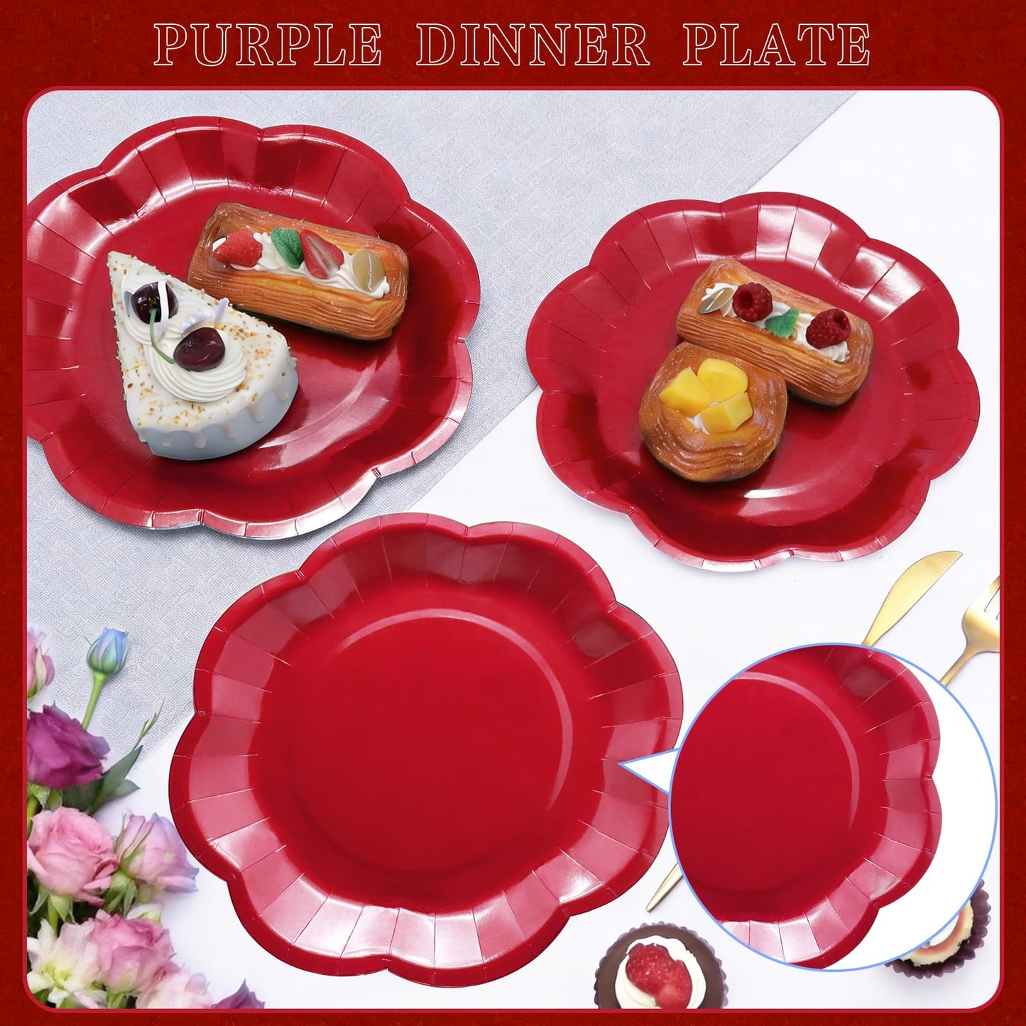 Red Plates Party Supplies,9 inch Red Paper Plates Disposable Scalloped for Birthday Cake Plate Baby Shower Dinner Wedding Dessert Valentines Day Party BST220