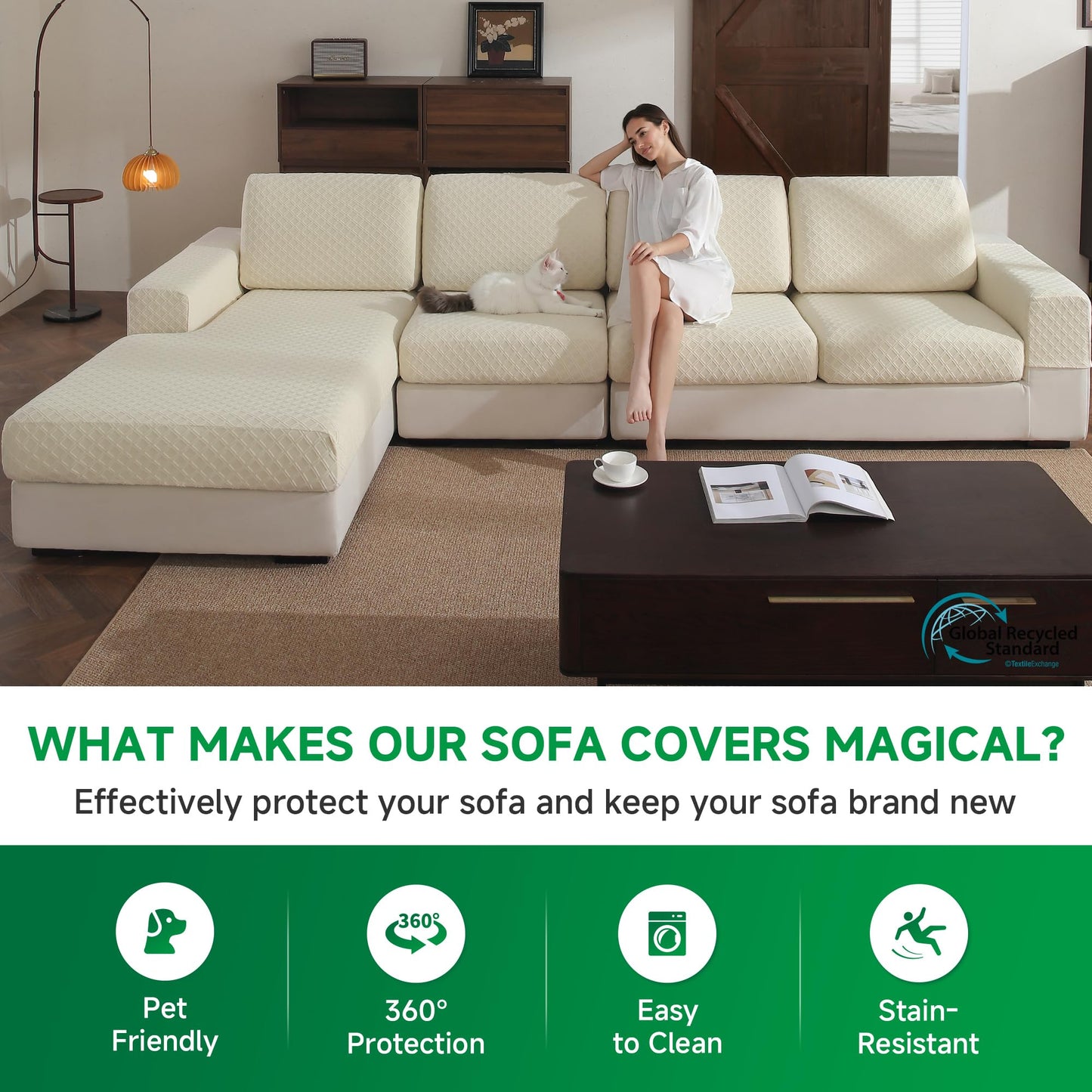 OHSIO Couch Cover, Stretch Sofa Cover, Soft Seat Cushion Covers Washable, Sectional L Shape Sofa Slipcover, Wear Stain Resistant Pet Friendly Furniture Protector for Home (1 Seat Cover L, Dark Gray) BST326H