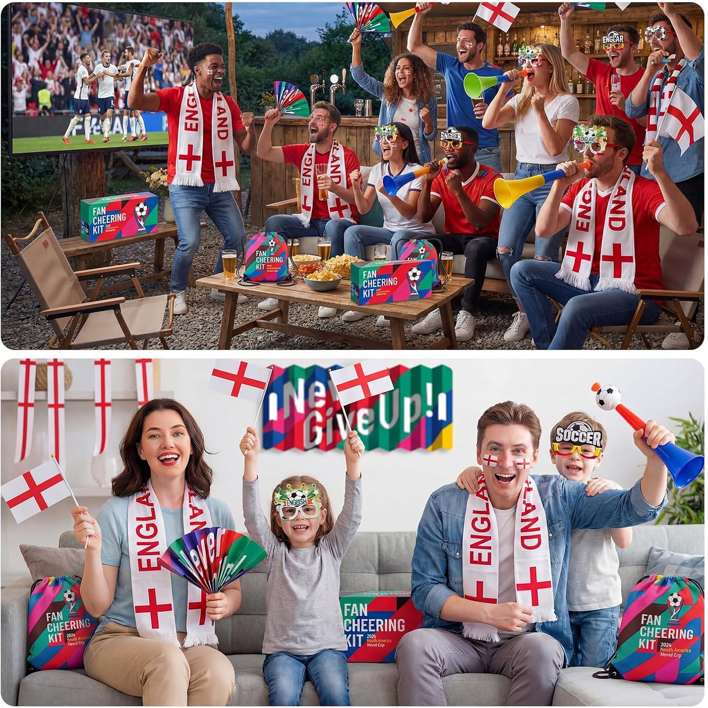Ultimate 2026 World Soccer Cup USA Fan Kit - 7-in-1 Match Day Set: Flag, Trumpet, Scarf, Glasses, Tattoos, Schedule & Backpack - Patriotic Parade Party Supplies for Fans (ENG) BST202
