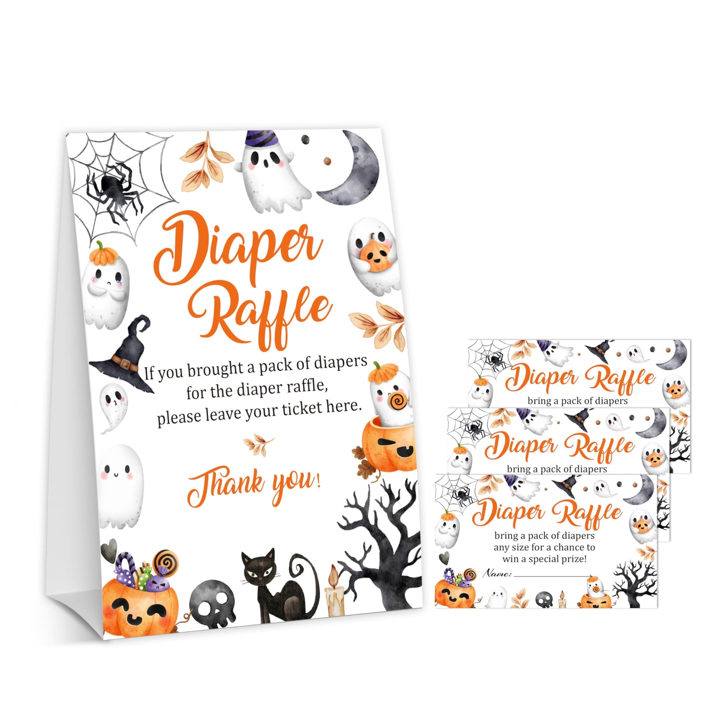 Halloween Baby Shower Measure The Baby Bump, 1 Self-Standing Sign + 50 Tickets for Little Ghost Gender Reveal Announcement Party Favor Supplies - D12 BST326L