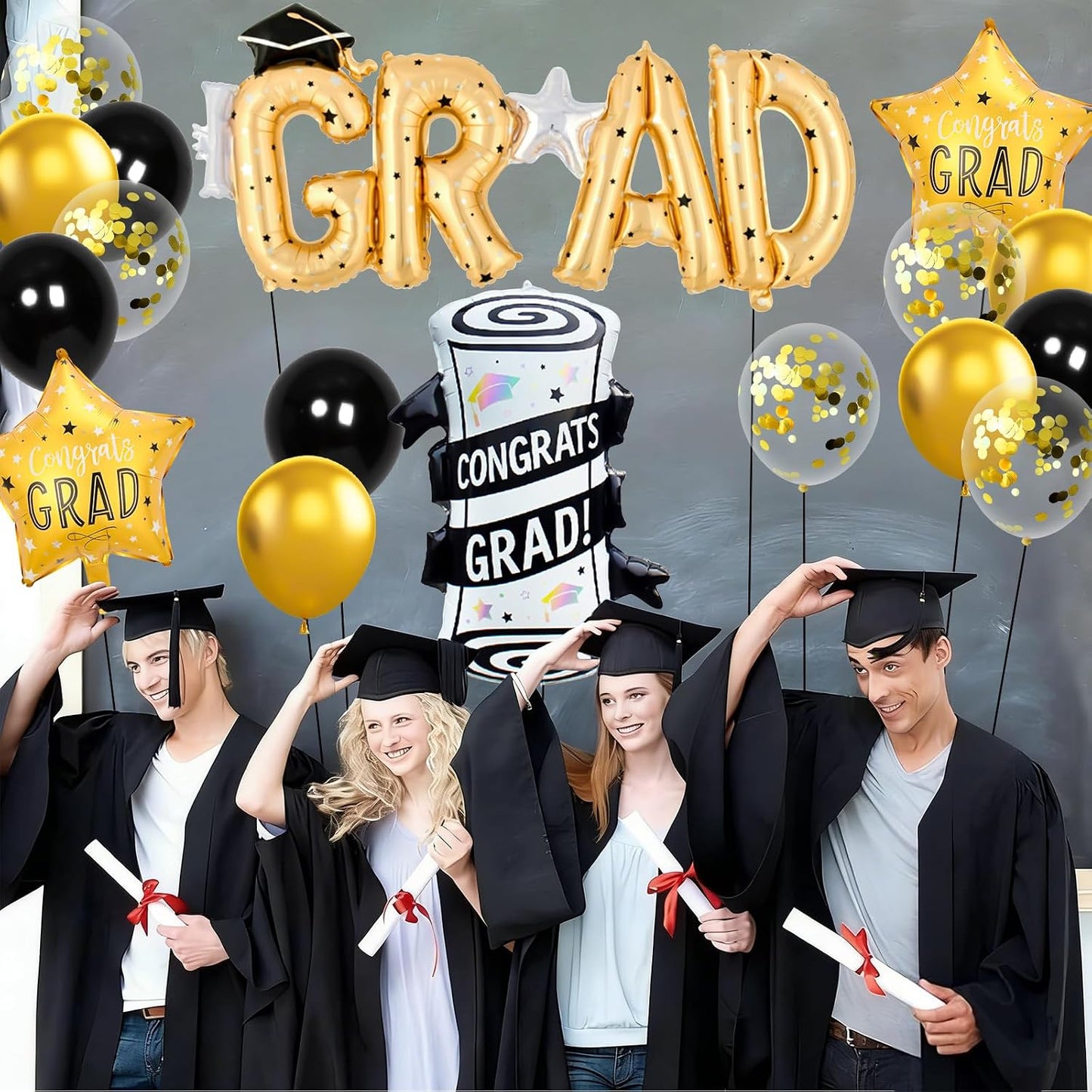Graduation Balloons Congrats Grad Balloons Gold and Black Balloon for 5th Grade Graduation Decorations Grad Party Decorations 2026 BST326L