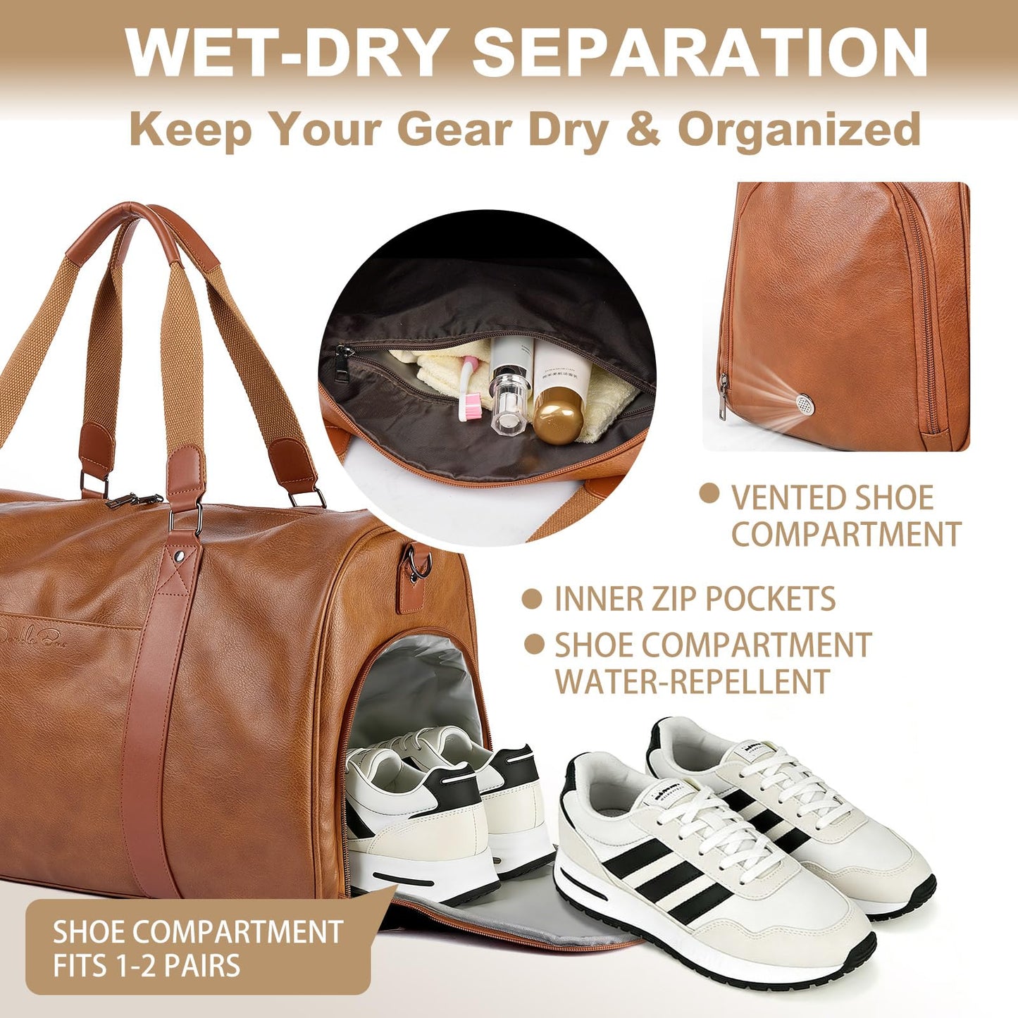 Large 4-in-1 Leather Duffle Bag for Travel Weekender Overnight Hospital Gym Bag for Men & Women, Carry On Airline Approved Personal Item Duffel Garment Bag Luggage with Shoe Compartment & Toiletry Bag BST326H