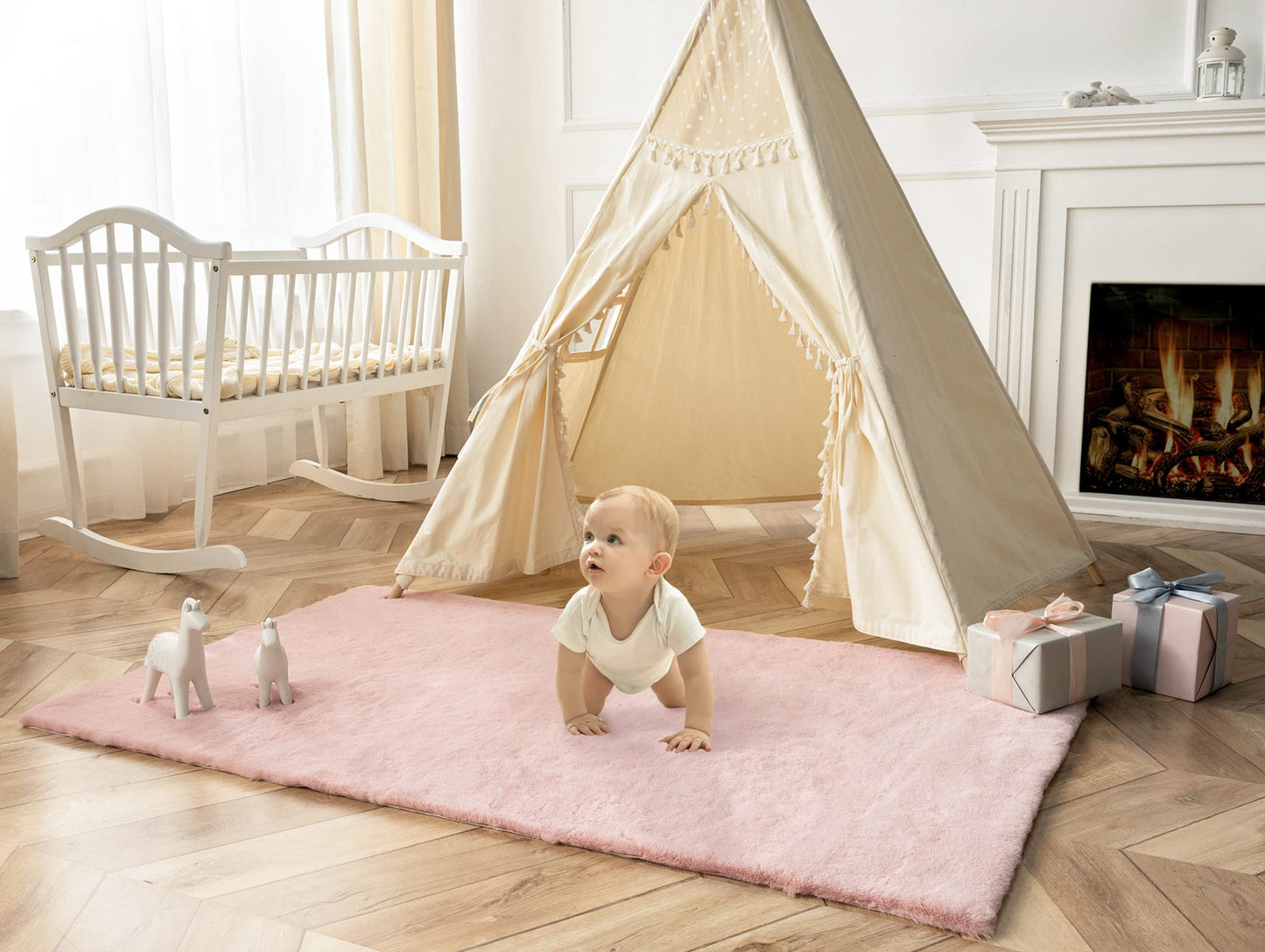 Ashler Faux Fur Rug, Ultra Soft Faux Rabbit Fur, Beige Area Rugs, 3 x 3 Feet Round, Machine Washable Nursery Decor Throw Rugs for Bedroom, Kids Room, Living Room BST326H