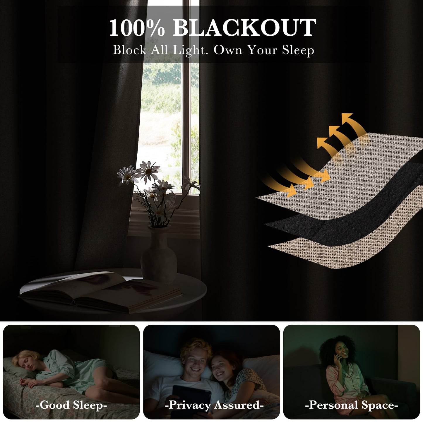 RYB HOME 100% Blackout Curtain for Sliding Glass Doors, Extra Wide Thermal Insulated Privacy Linen Curtains for Bedroom/Patio Door/Living Room/Open Closet, Room Divider, Black, W100xL108, 1 Panel BST220