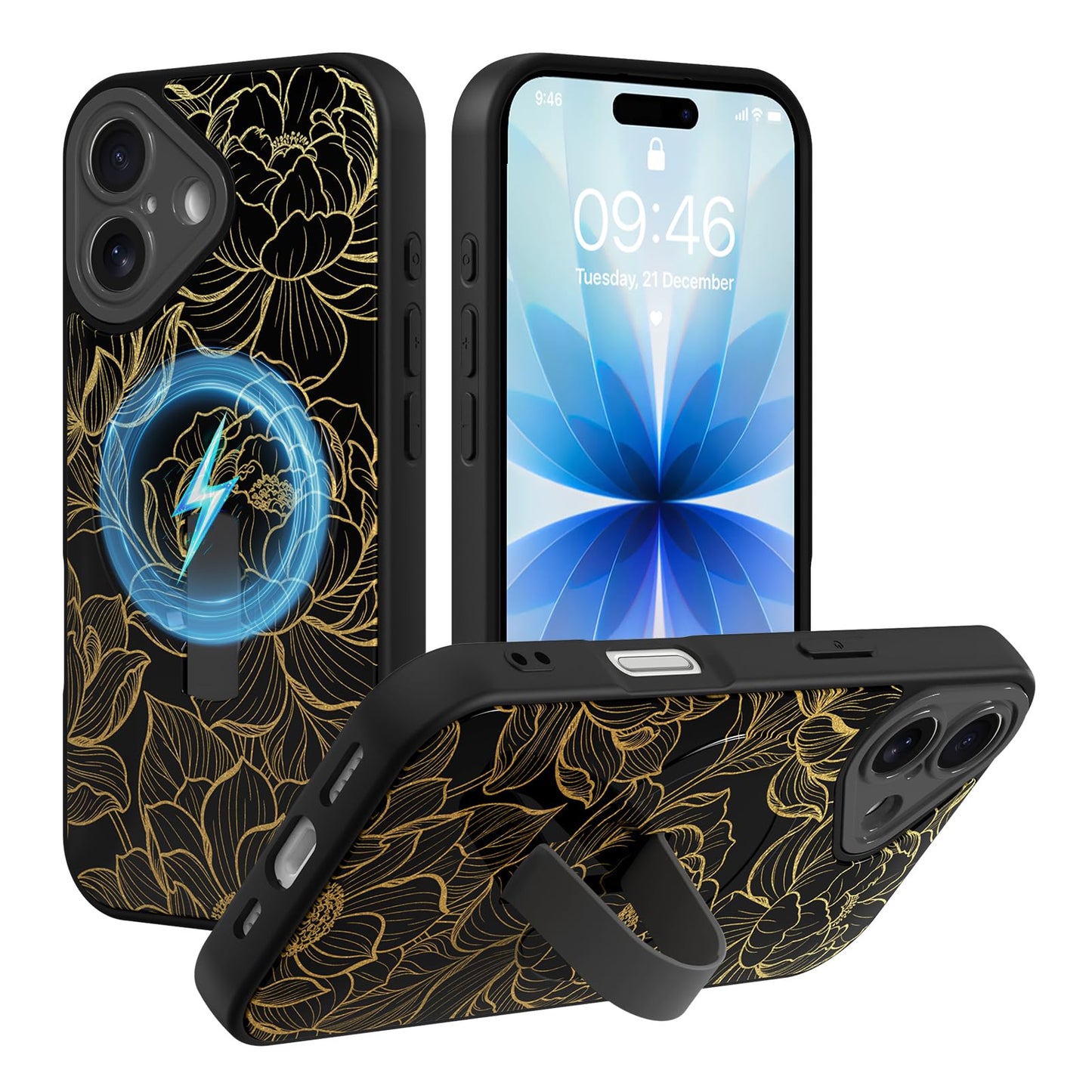 Compatible with iPhone 13 Case, Cute Cheetah Leopard Pattern | Built in Adjustable Wrist Strap Grip Hand Holder Stand Shockproof Kickstand Cover for Women Girls (Black White) WN420