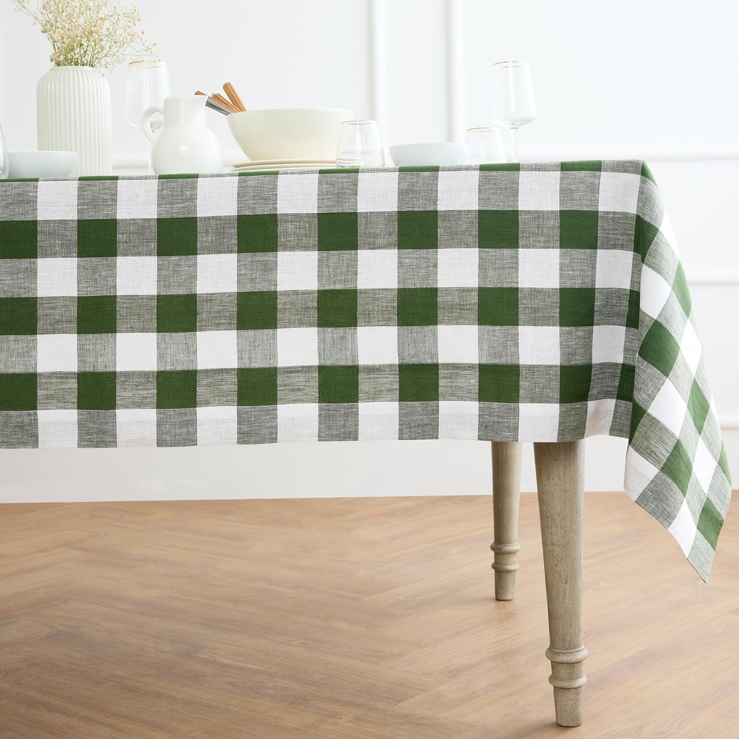 Solino Home 100% Pure Linen Rectangular Tablecloth Pink Check, 60 x 120 in | Buffalo Check Linen Table Cloth for dining and entertaining | buffalo checkered weave | Marshmellow Pink | OEKO-TEX Certified BST326SOLH