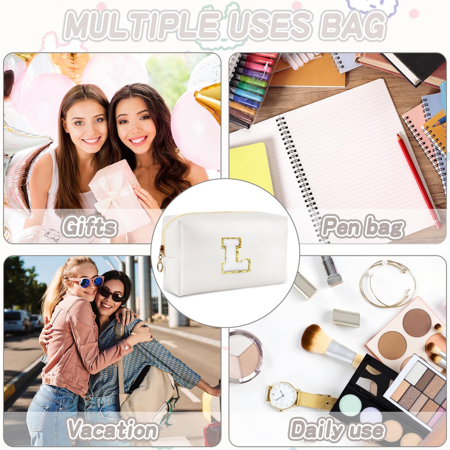URSKYTOUS Gifts for Girls Initial Makeup Bag Personalized Cosmetic Bag with Zipper Cute Travel Toiletry Bag Waterproof PU Preppy Makeup Pouch Birthday Gift for Teen Girls Women(Blue P) BST326L