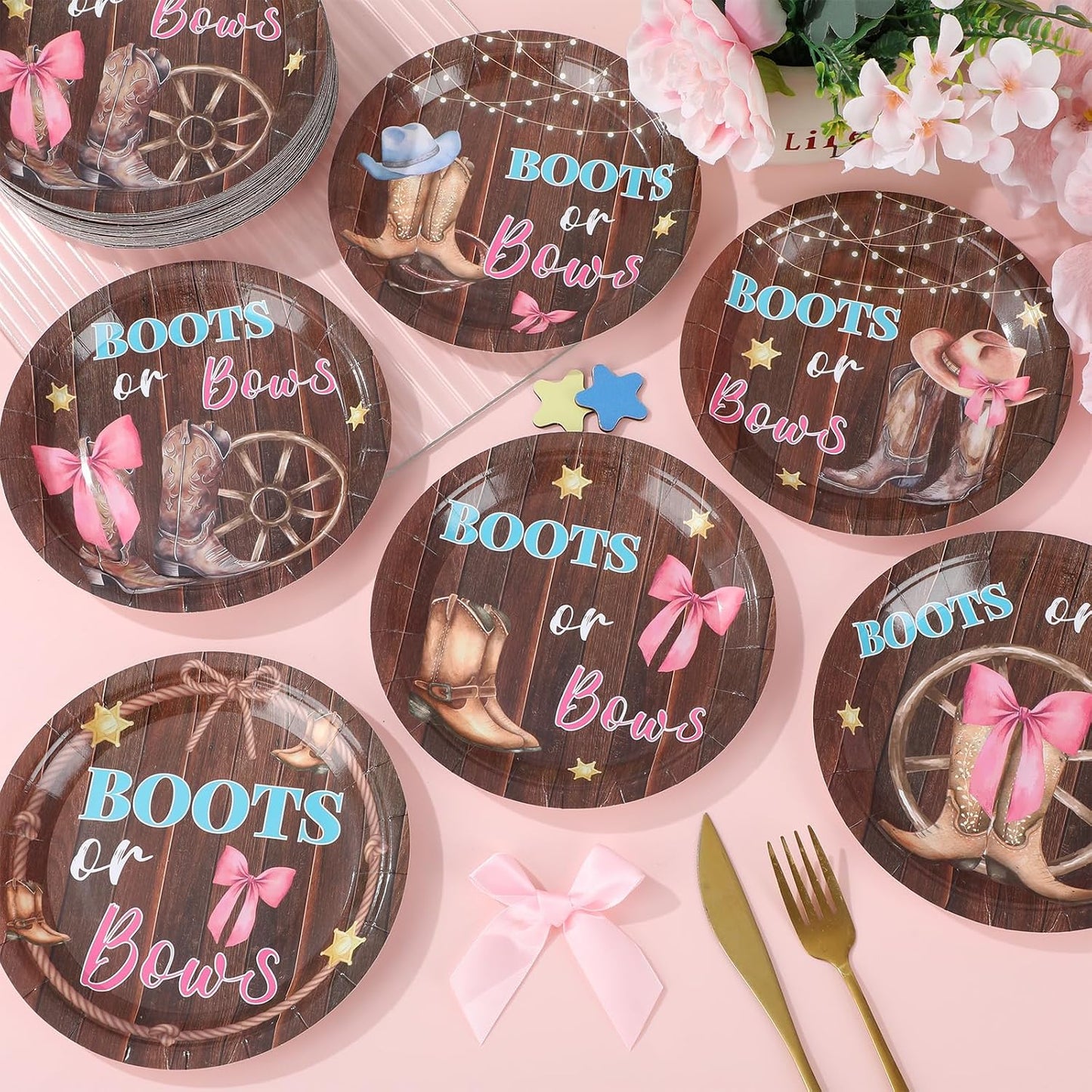 Boots and Bows Gender Reveal Paper Plates Cowboy Boots Pink Bows He or She Disposable Tableware Blue or Pink Party Supplies for Baby Shower Western Cowgirls Cowboys Gender Reveal Party Decorations BST326L