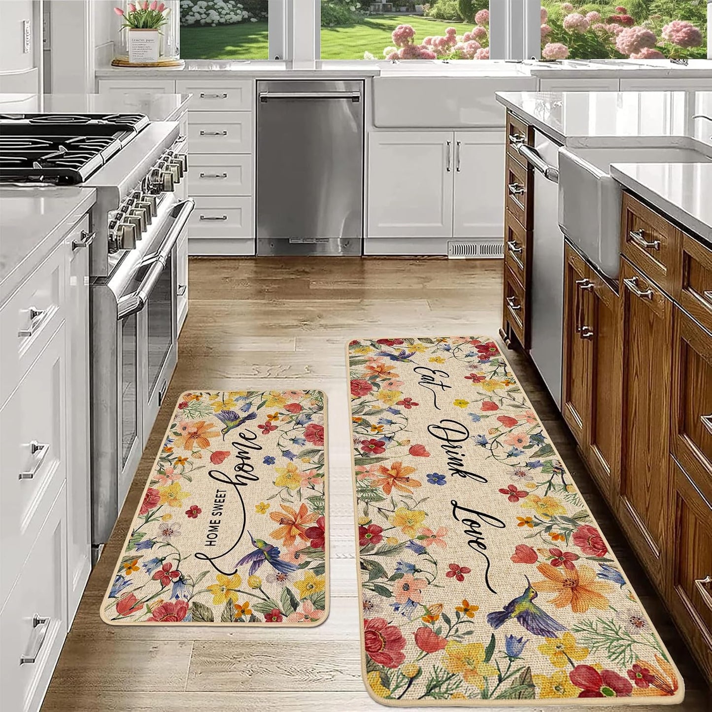 Baccessor Home Sweet Home Floral Kitchen Mats Set of 2,Spring Summer Hummingbird Flowers Kitchen Rugs Absorbent Non Slip Low-Profile Washable for Floor Home Decor 17x29 and 17x47 Inch BST202