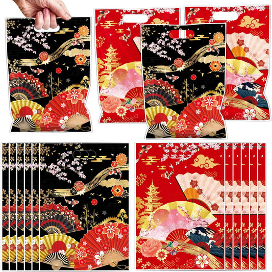 Falueqg Hibachi Party Decorations - 50 Pcs Hibachi Japanese Goodie Candy Gift Bags Fans Cherry Blossom Patterns Party Favors for Chinese Japanese Birthday Baby Shower Decor BST326H