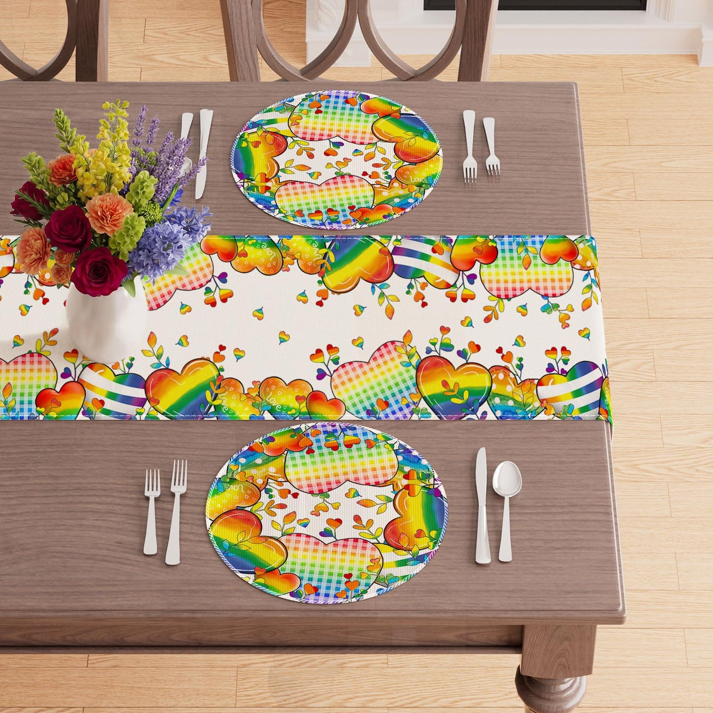 XCHI Love Heart Rainbow LGBTQ Pride Day Table Runner Inclusion Gay Equality Table Decoration for Party Home Kitchen Dining Holiday Decor 13x72 Inch BST326L