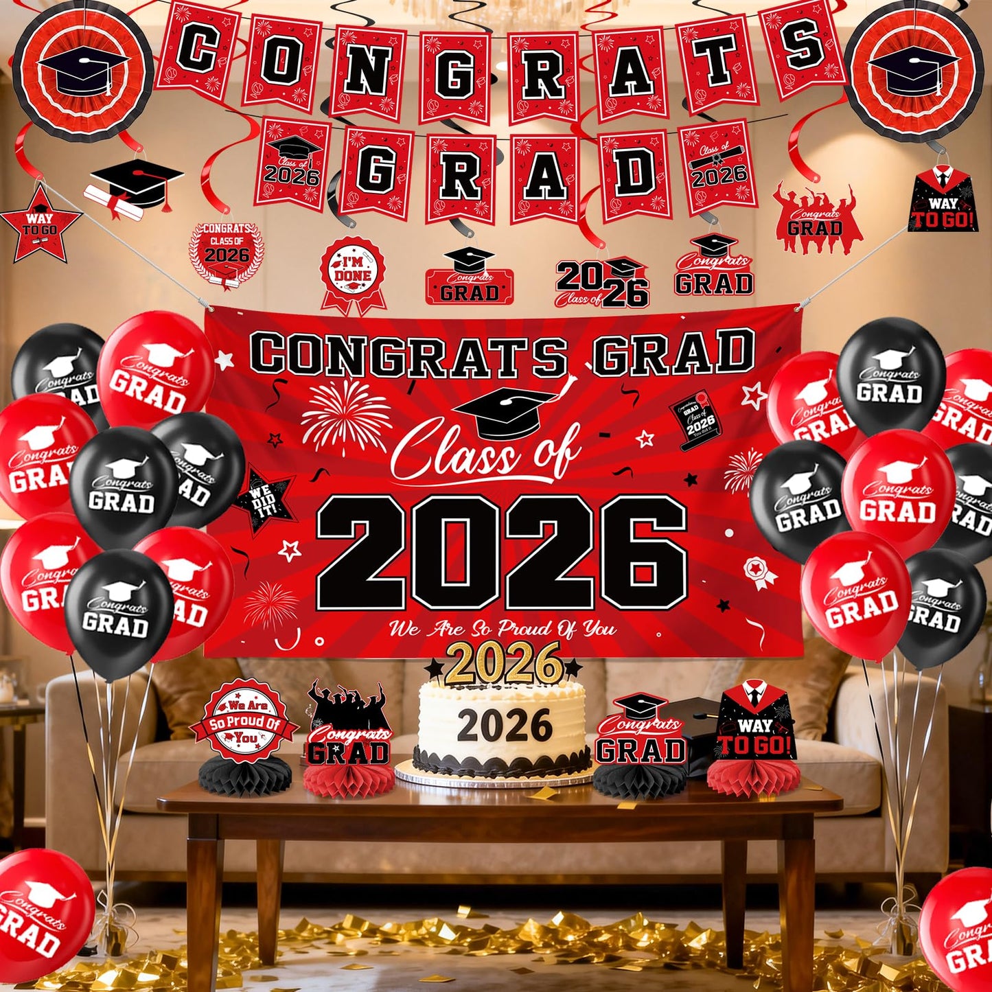 Graduation Decorations 2026-Blue and Black Graduation Party Decorations Supplies Class of 2026 with Graduation Banner, Backdrop, Balloons, Centerpieces, Hanging Swirl for Grad Party BST326H
